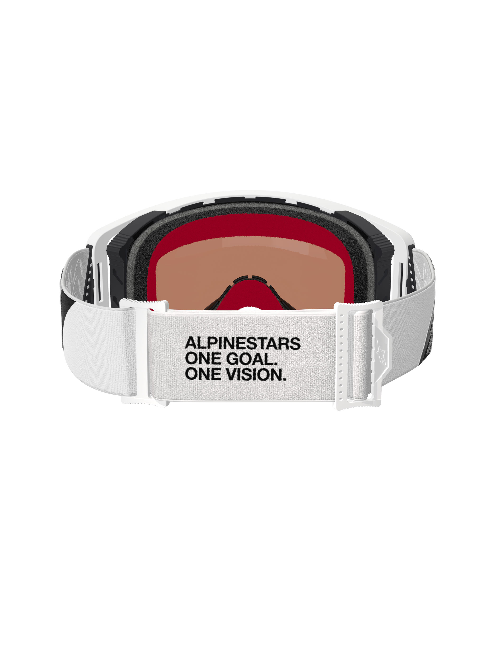 Alpinestars Supertech Corp Goggles Absolute Vision, motorcrossbril, wit en zilveren spiegelglas, achteraanzicht met witte band met 'ALPINESTARS ONE GOAL. ONE VISION.' tekst, meerlaags gezichtsschuim en strak wit frame-ontwerp