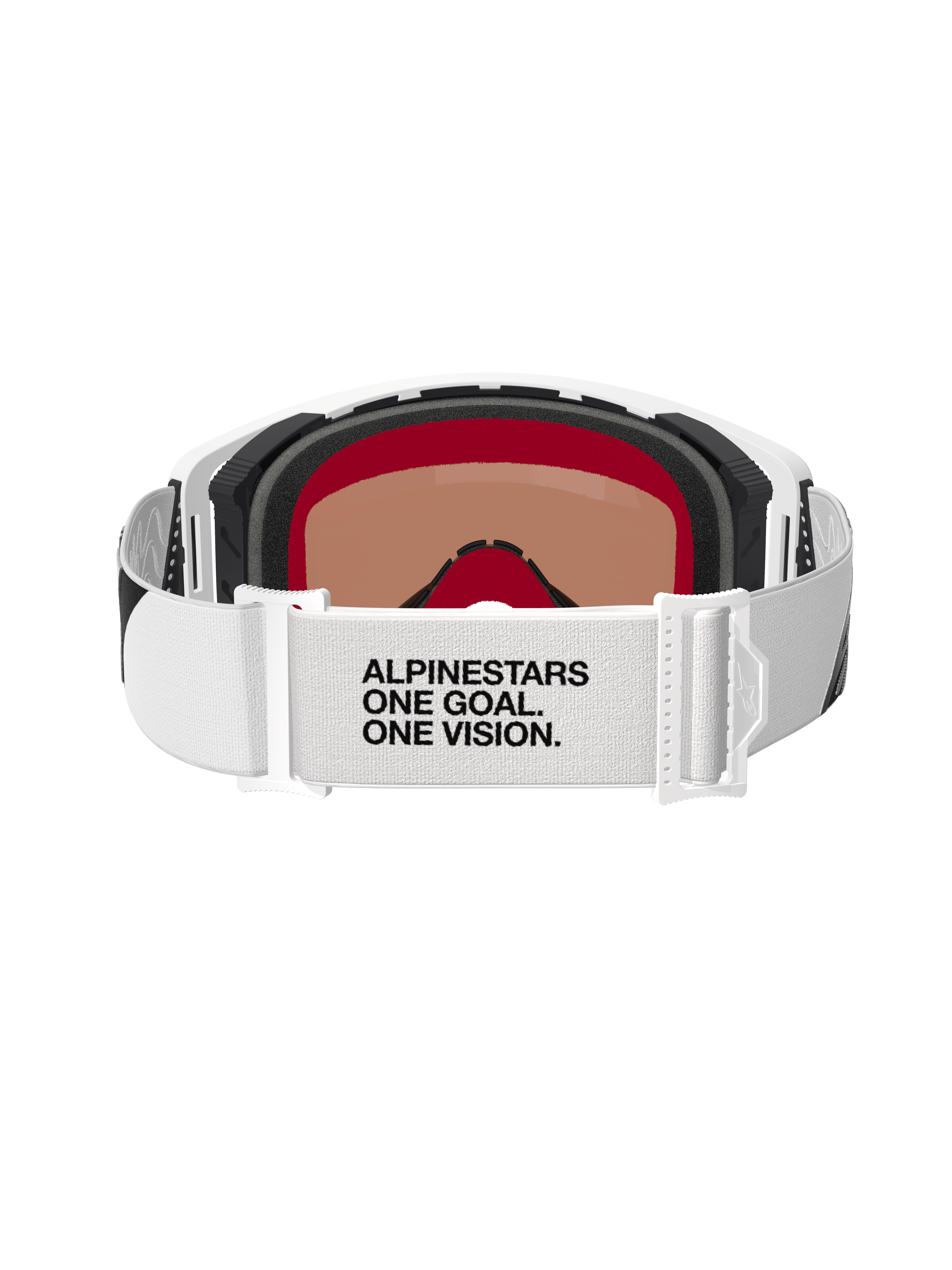 Alpinestars Supertech Corp Goggles Absolute Vision, Motocross Goggles, White and Silver Mirror, rear view showing white strap with 'ALPINESTARS ONE GOAL. ONE VISION.' text, multi-layer face foam, and sleek white frame design