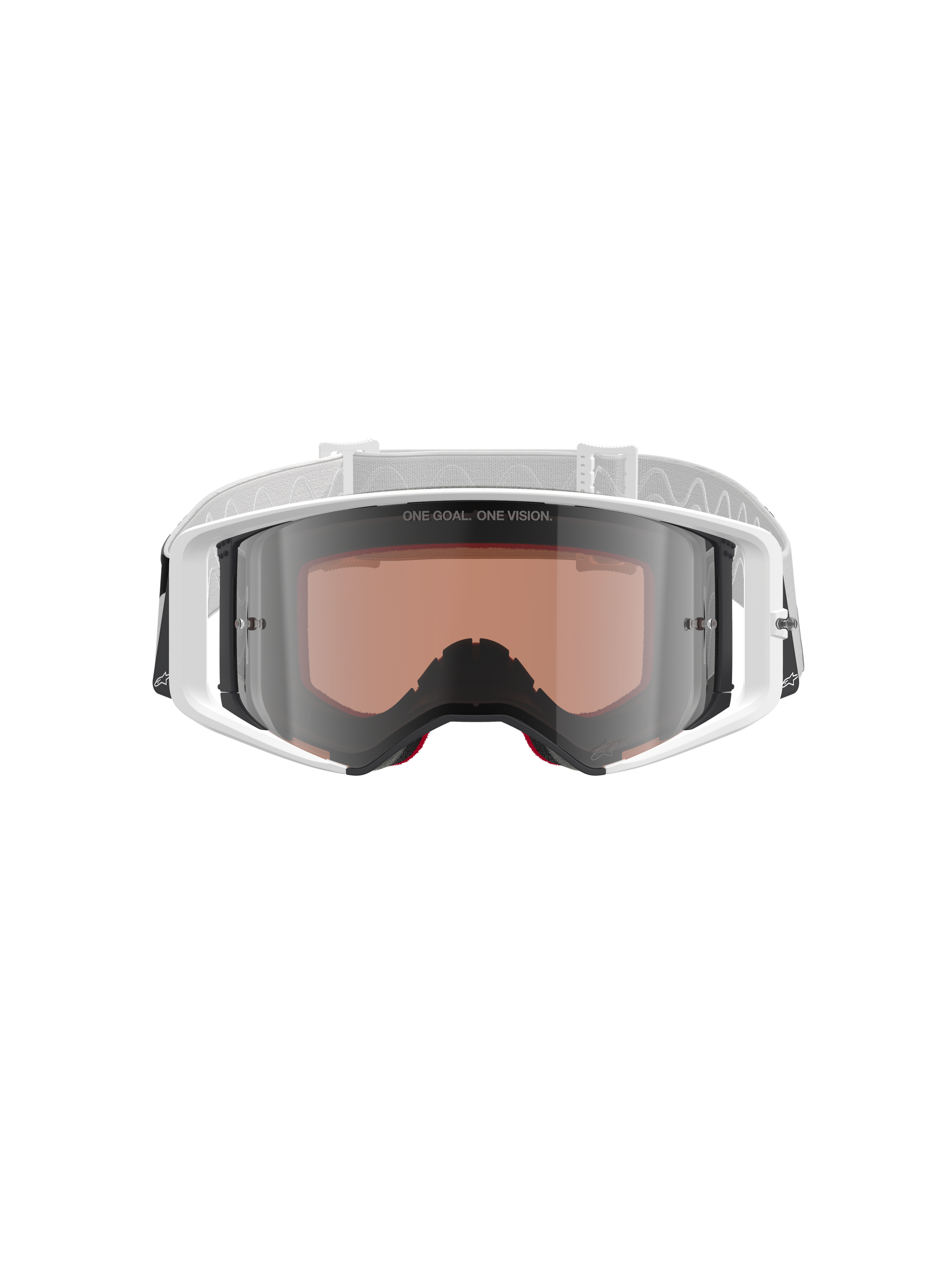 Alpinestars Supertech Corp Goggles Absolute Vision, motorcrossbril, wit en zilver spiegelglas, vooraanzicht met een wit frame en zilveren spiegellens met de tekst "ONE GOAL. ONE VISION.", verstelbare witte band met Alpinestars-logo, hoogwaardige beschermende bril voor off-road racen