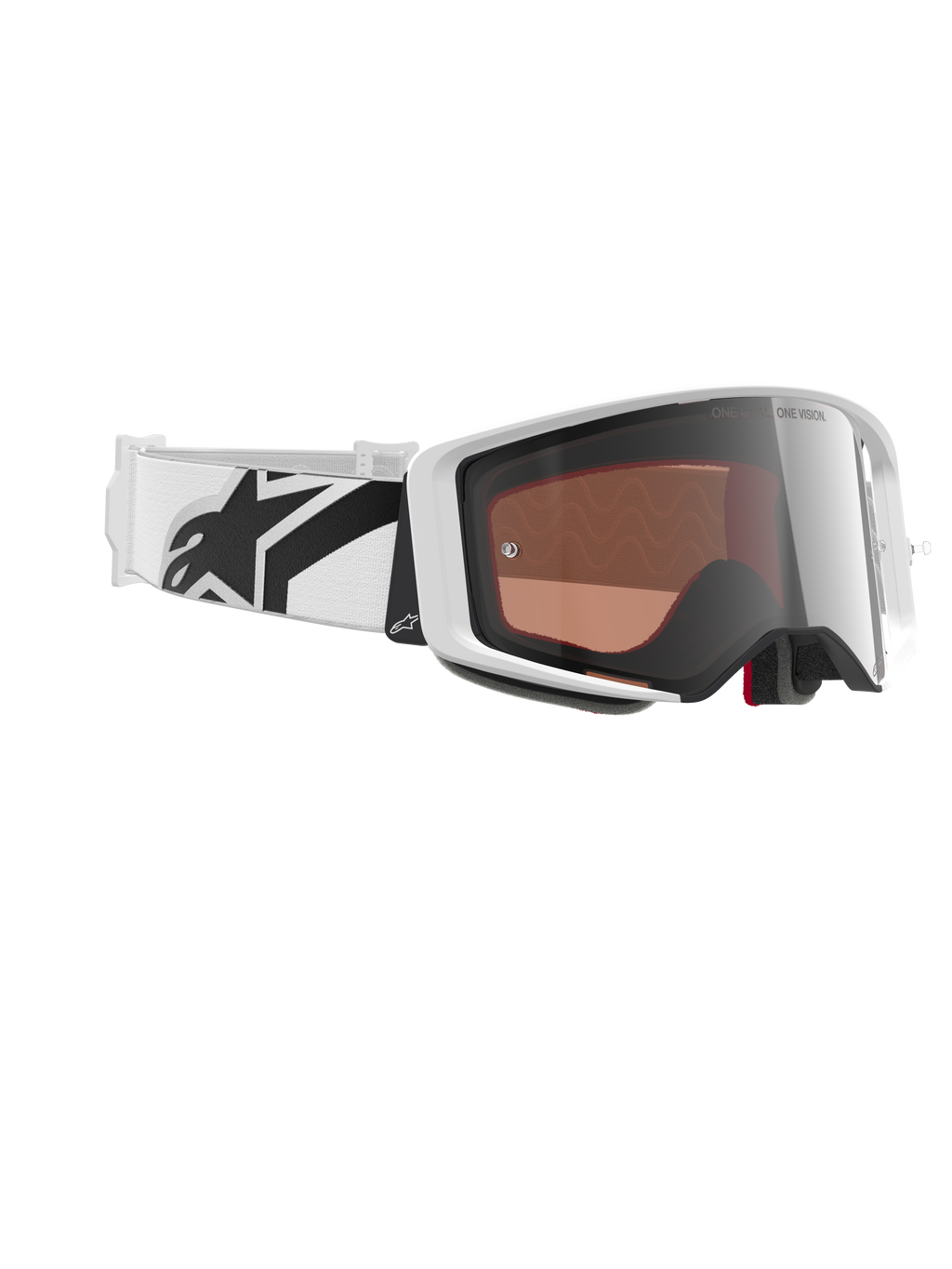 Alpinestars Supertech Corp Goggles Absolute Vision, Motocross Goggles, White and Mirror Silver, featuring a white frame with a reflective silver lens, wide white adjustable strap with bold black star logo, professional off-road racing eyewear