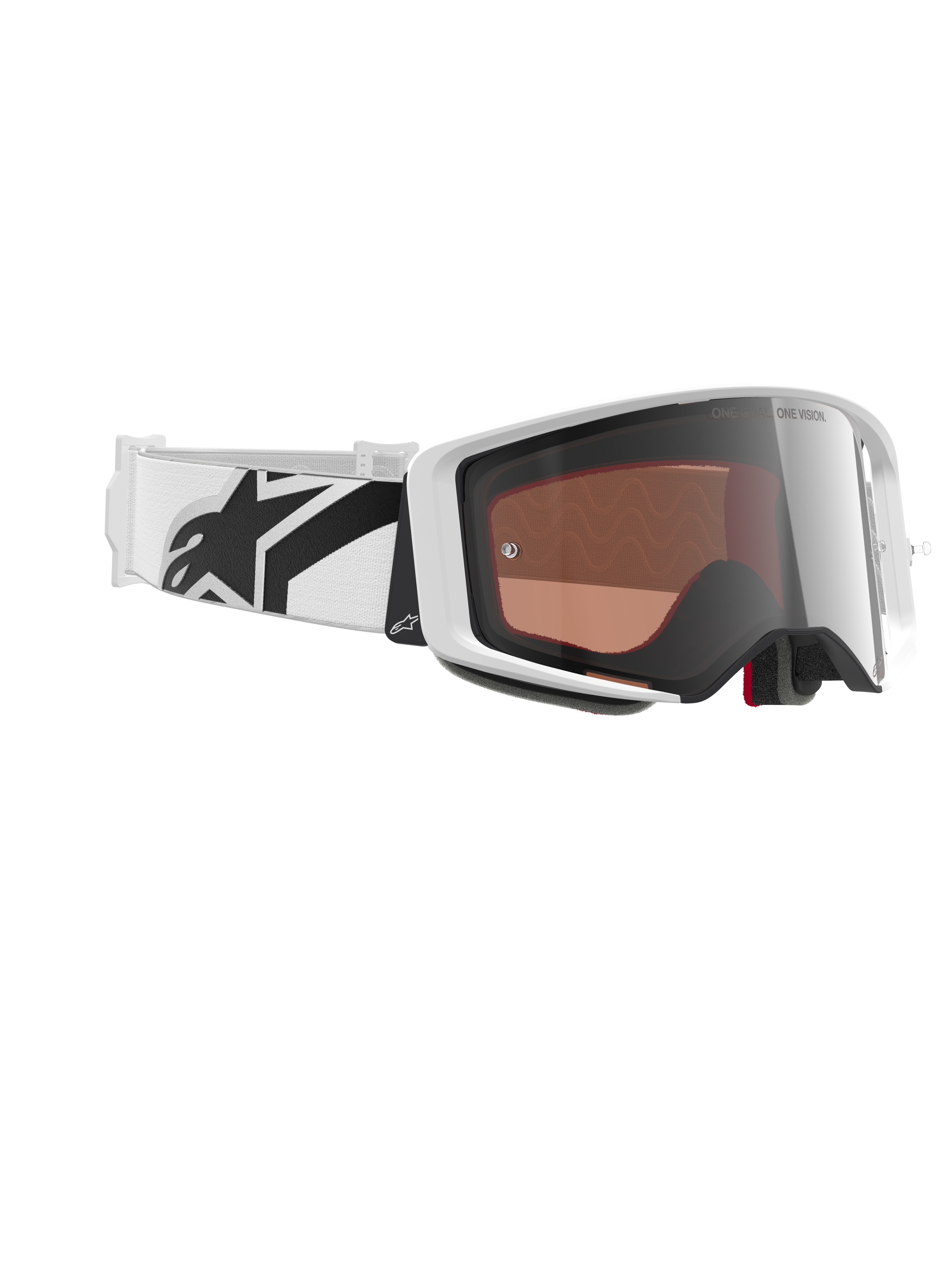 Alpinestars Supertech Corp Absolute Vision bril, motorcrossbril, wit en Mirror Silver, voorzien van een wit frame met een reflecterende zilveren lens, brede witte verstelbare band met een opvallend zwart sterlogo, professionele off-road racebril