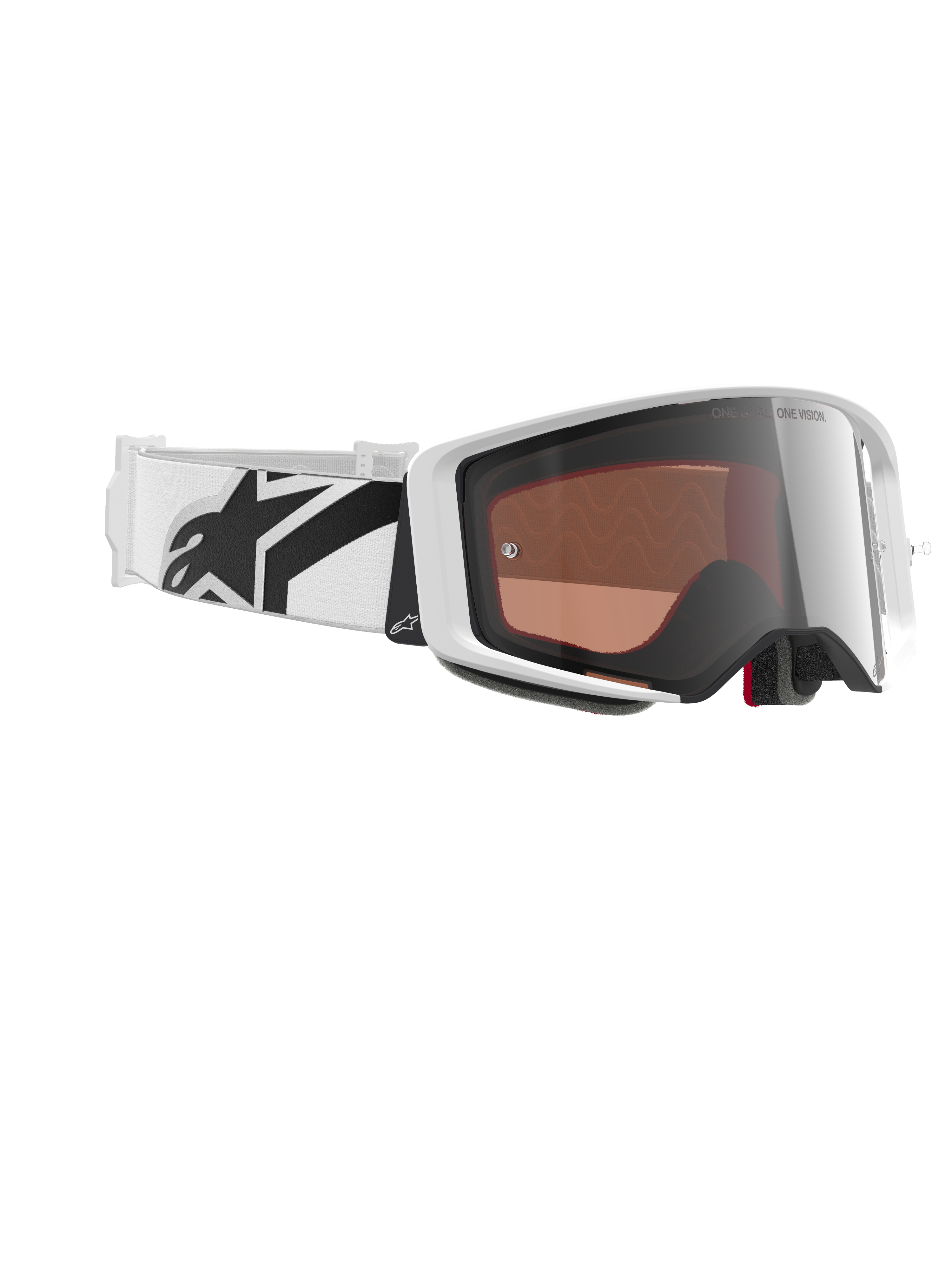 Alpinestars Supertech Corp Goggles Absolute Vision, Motocross Goggles, White and Mirror Silver, featuring a white frame with a reflective silver lens, wide white adjustable strap with bold black star logo, professional off-road racing eyewear
