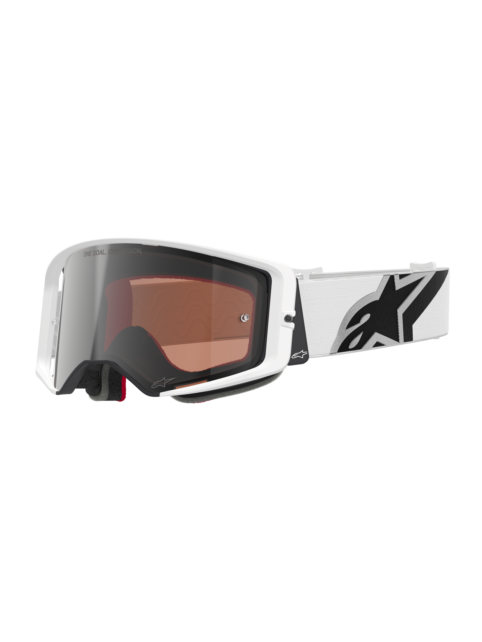 Alpinestars Supertech Corp Goggles Absolute Vision, motocrossbril, wit frame met Silver Mirror lens, brede witte verstelbare band met een groot zwart Alpinestars ster-logo, hoogwaardige beschermende eyewear voor off-road racen