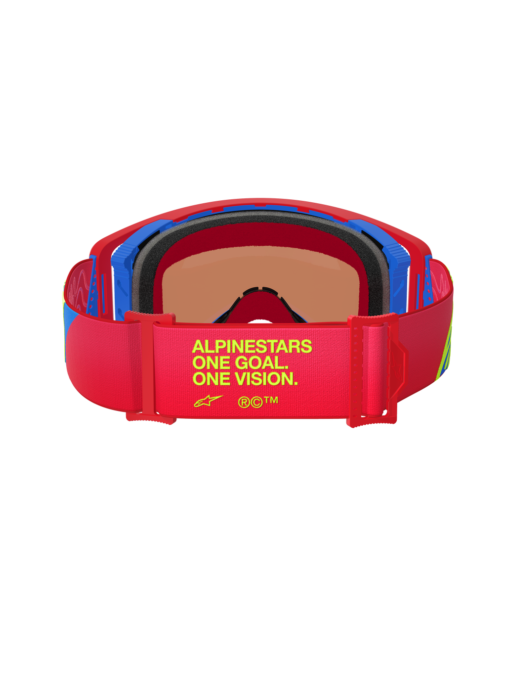 Alpinestars Supertech Corp Goggles Absolute Vision, Rückansicht, roter und blauer Rahmen, rotes elastisches Band mit gelbem „One Goal. One Vision.“ Text, mehrschichtiger schwarzer Gesichtsschaum, Hochleistungs-Motocross-Brille