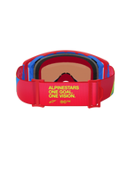 Alpinestars Supertech Corp Goggles Absolute Vision, Rückansicht, roter und blauer Rahmen, rotes elastisches Band mit gelbem „One Goal. One Vision.“ Text, mehrschichtiger schwarzer Gesichtsschaum, Hochleistungs-Motocross-Brille