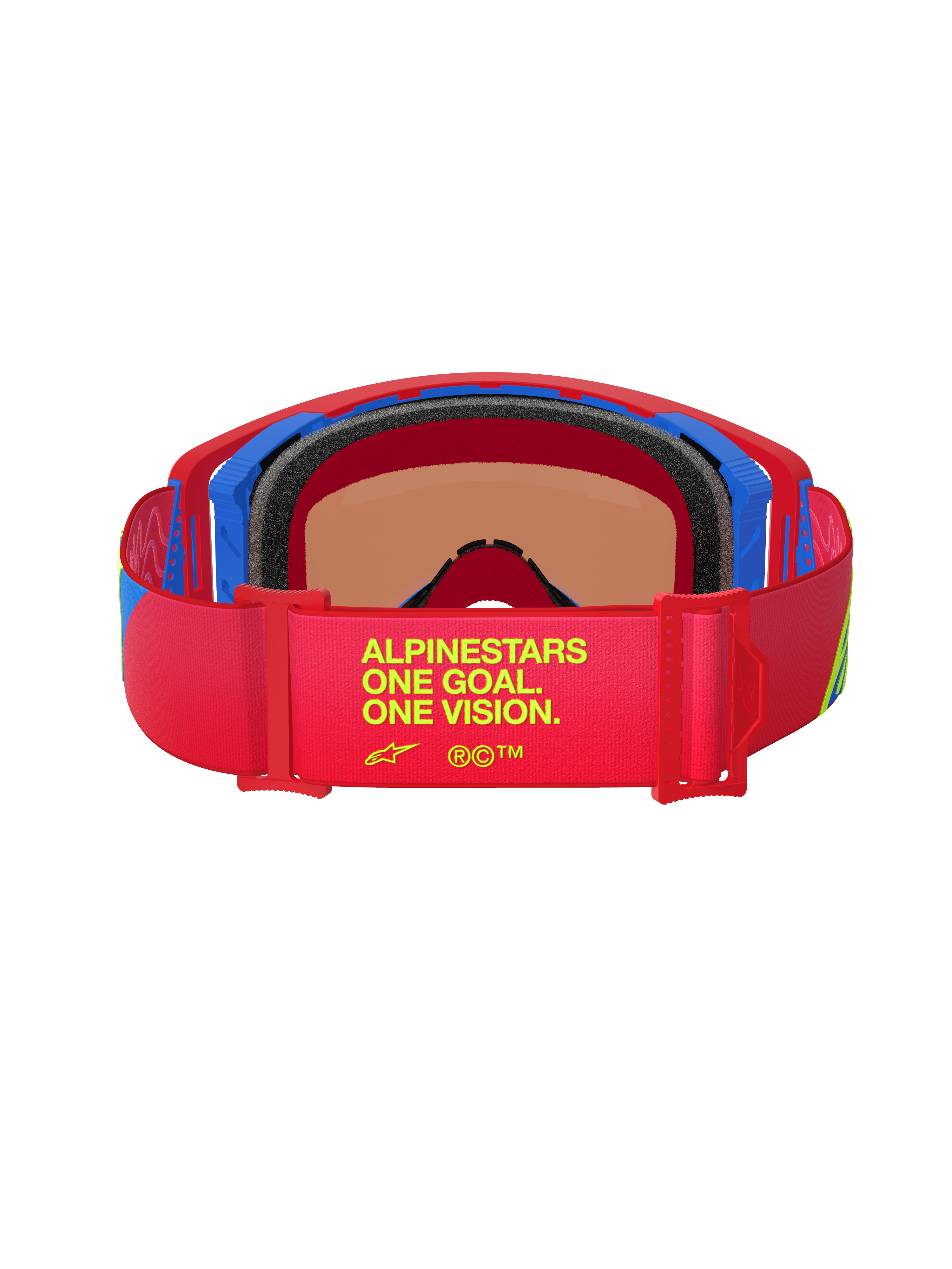 Alpinestars Supertech Corp Goggles Absolute Vision, Rückansicht, roter und blauer Rahmen, rotes elastisches Band mit gelbem „One Goal. One Vision.“ Text, mehrschichtiger schwarzer Gesichtsschaum, Hochleistungs-Motocross-Brille
