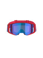 Alpinestars Supertech Corp Goggles Absolute Vision, Motocross-Brille, Rot und Blau mit blau verspiegelter Scheibe, auffälliger roter Rahmen mit blauen Akzenten, gemustertes rotes Band und „ONE GOAL... ONE VISION.“ Schriftzug auf der Scheibe.
