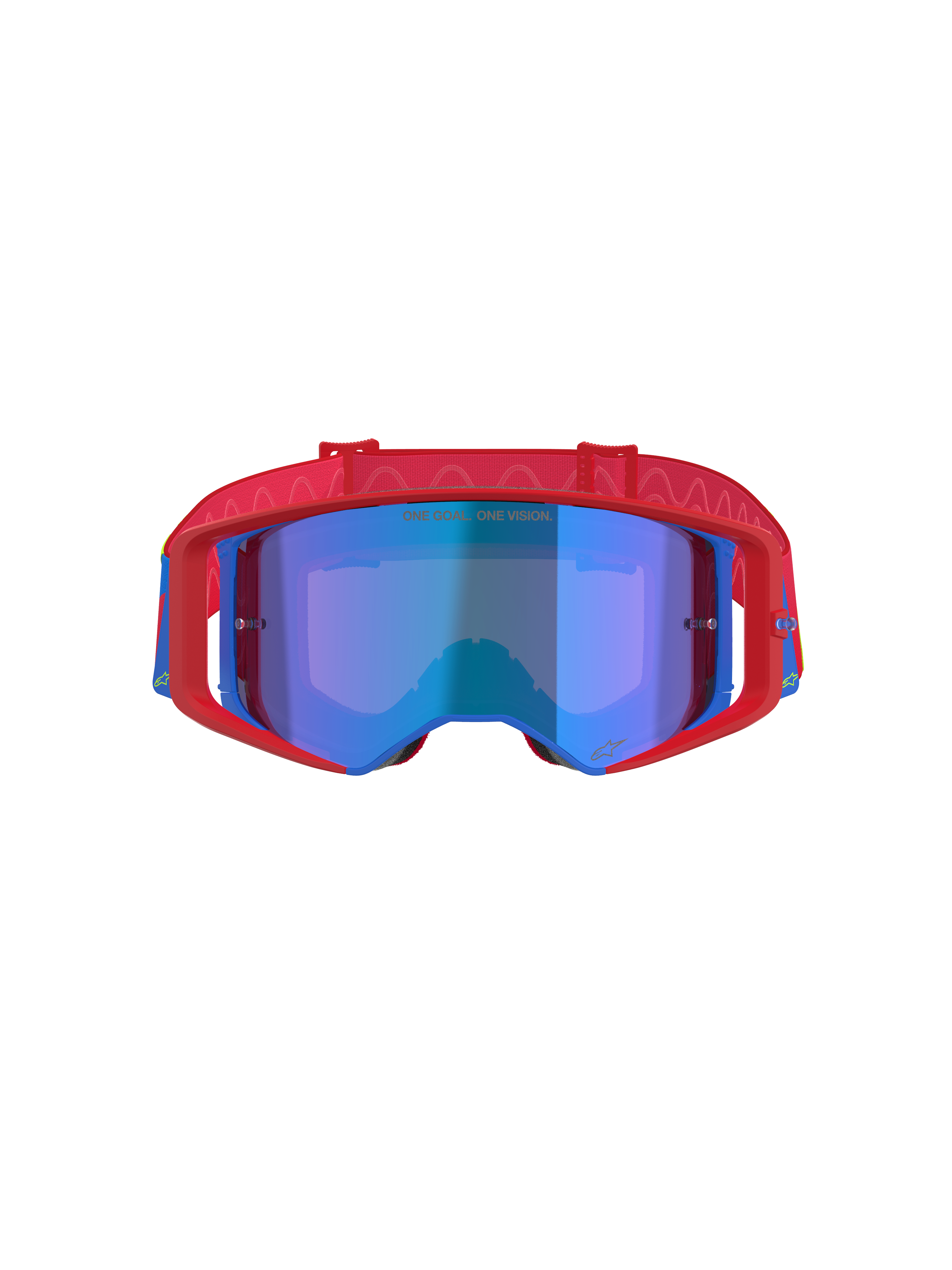 Alpinestars Supertech Corp Goggles Absolute Vision, Motocross-Brille, Rot und Blau mit blau verspiegelter Scheibe, auffälliger roter Rahmen mit blauen Akzenten, gemustertes rotes Band und „ONE GOAL... ONE VISION.“ Schriftzug auf der Scheibe.