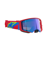 Alpinestars Supertech Corp Goggles Absolute Vision, Motocross-Brille, rot-blauer Rahmen mit blau verspiegelter Linse, rot-blaues Brillenband mit gelbem Alpinestars Stern-Logo, professionelle Offroad-Rennausrüstung