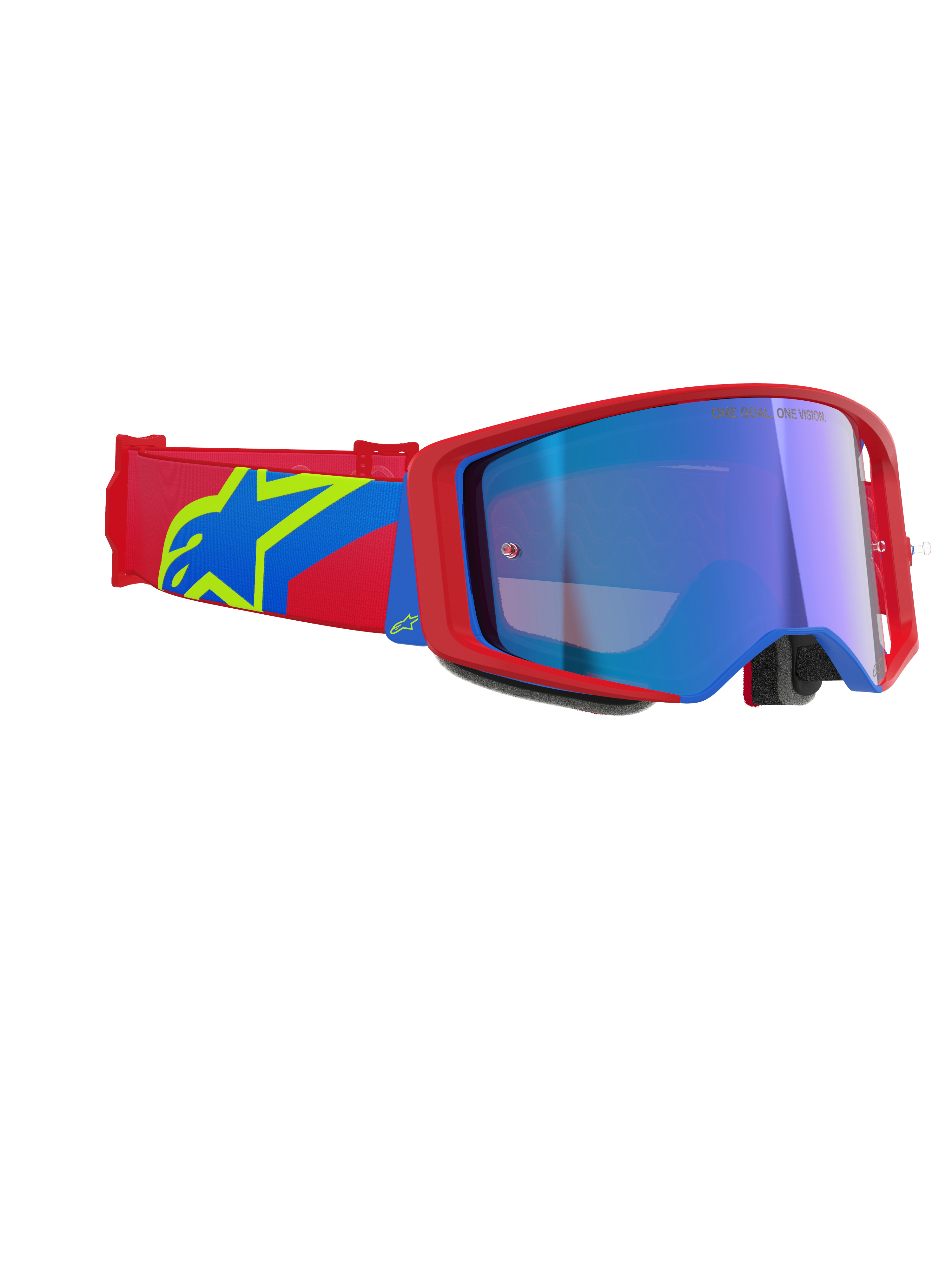 Alpinestars Supertech Corp Goggles Absolute Vision, Motocross-Brille, rot-blauer Rahmen mit blau verspiegelter Linse, rot-blaues Brillenband mit gelbem Alpinestars Stern-Logo, professionelle Offroad-Rennausrüstung