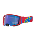 Alpinestars Supertech Corp Goggles Absolute Vision, Motocross-Brille, roter und blauer Rahmen mit blau verspiegelter Scheibe, rotes Band mit markantem gelbem und blauem Alpinestars-Logo, Hochleistungs-Schutzbrille für Offroad und Rennsport