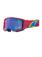 Alpinestars Supertech Corp Goggles Absolute Vision, Motocross-Brille, roter und blauer Rahmen mit blau verspiegelter Scheibe, rotes Band mit markantem gelbem und blauem Alpinestars-Logo, Hochleistungs-Schutzbrille für Offroad und Rennsport