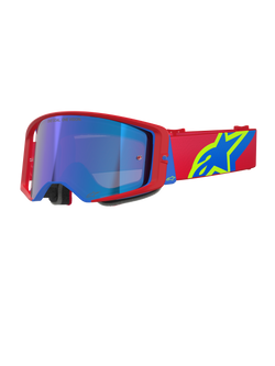 Lunettes Alpinestars Supertech Corp Absolute Vision, lunettes de motocross, monture rouge et bleue avec écran bleu miroir, bandeau rouge avec logo Alpinestars jaune et bleu, protection oculaire haute performance pour le tout-terrain et la course
