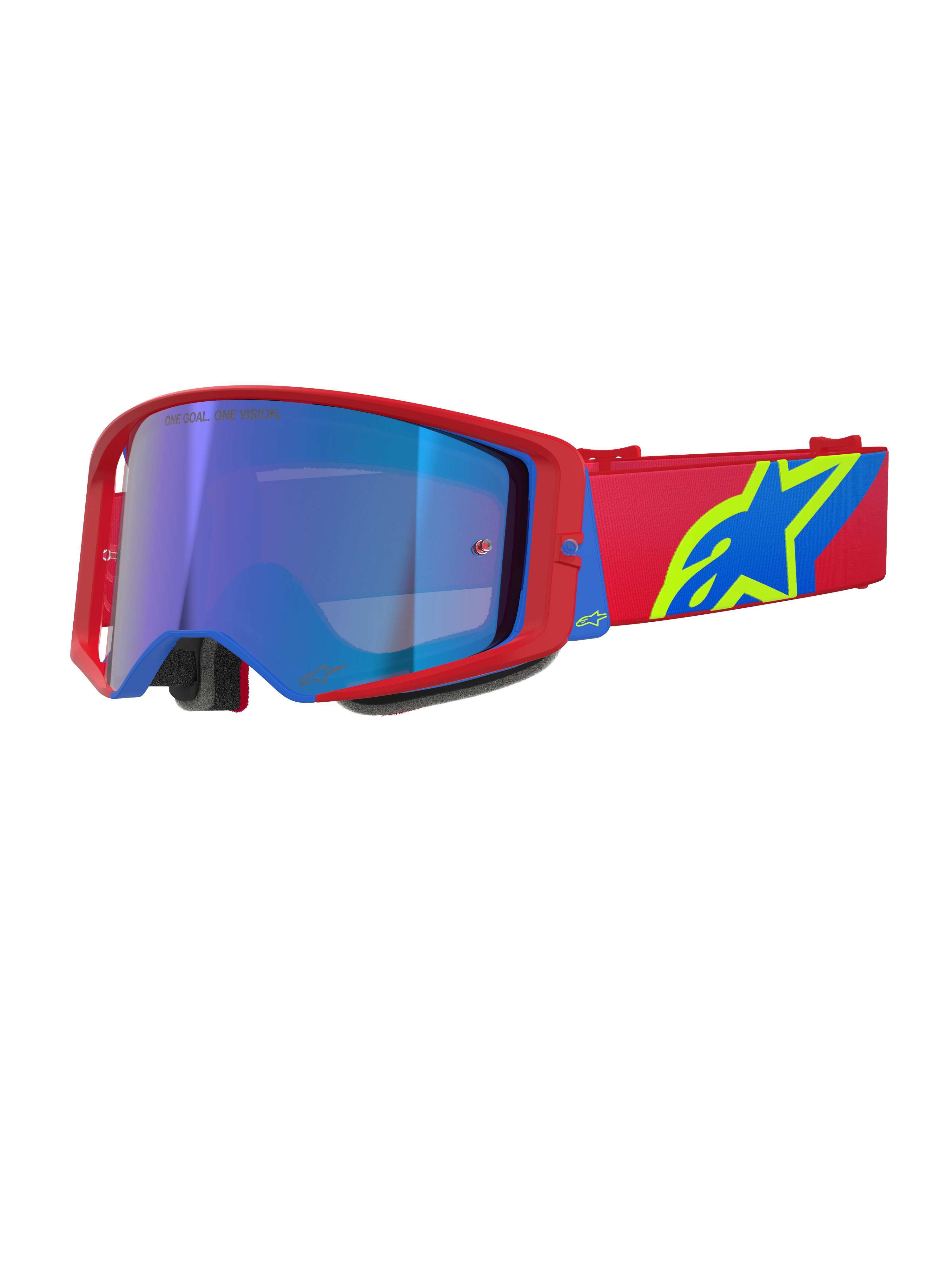 Alpinestars Supertech Corp Goggles Absolute Vision, Motocross-Brille, roter und blauer Rahmen mit blau verspiegelter Scheibe, rotes Band mit markantem gelbem und blauem Alpinestars-Logo, Hochleistungs-Schutzbrille für Offroad und Rennsport
