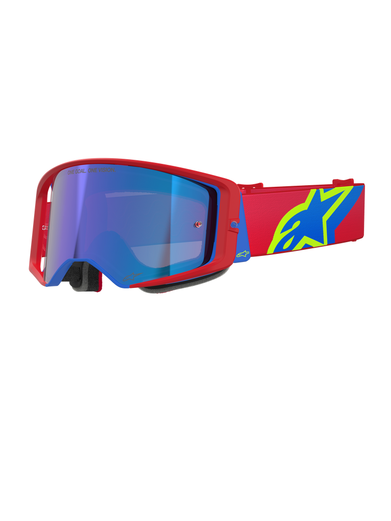 Alpinestars Supertech Corp Goggles Absolute Vision, Motocross-Brille, roter und blauer Rahmen mit blau verspiegelter Scheibe, rotes Band mit markantem gelbem und blauem Alpinestars-Logo, Hochleistungs-Schutzbrille für Offroad und Rennsport