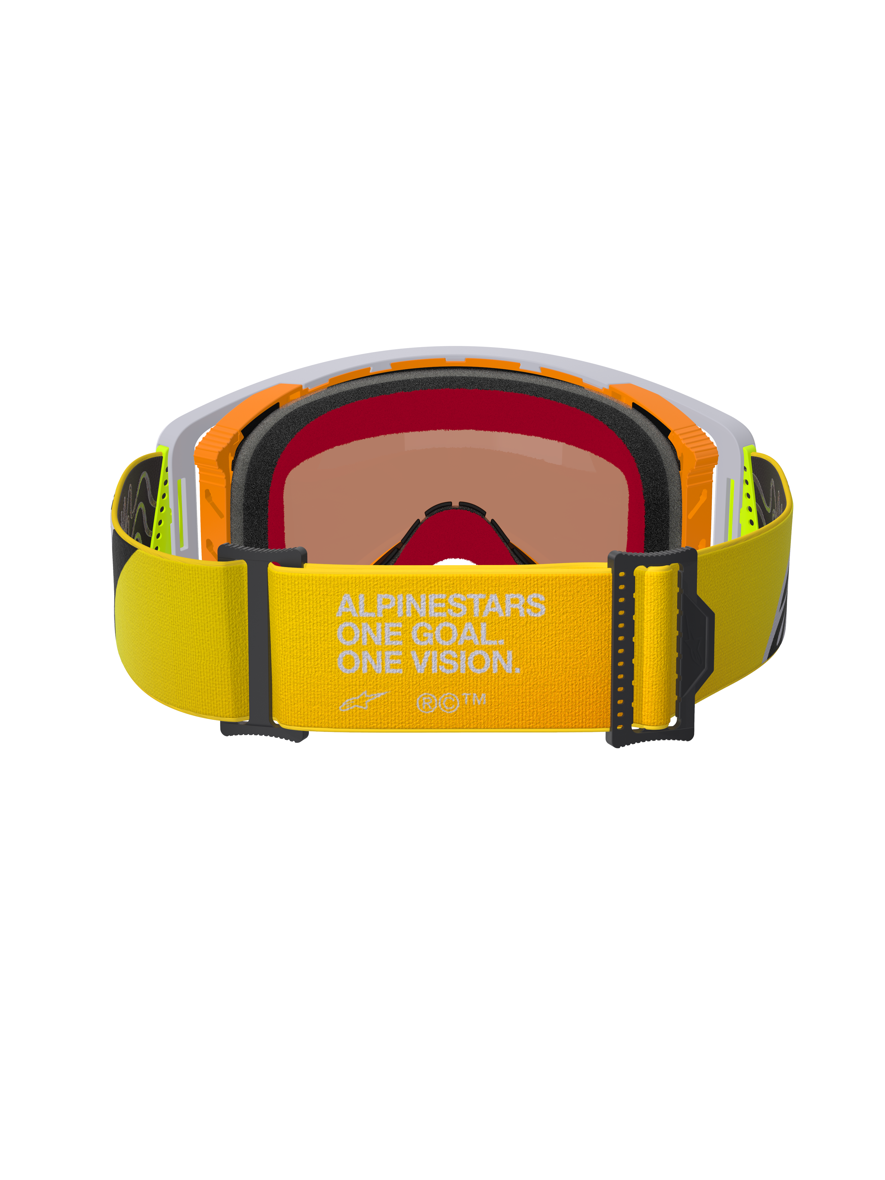 Alpinestars Supertech Corp Goggles Absolute Vision, achteraanzicht, fluorgele band met "ALPINESTARS ONE GOAL. ONE VISION." branding, oranje en grijs frame met meerlaags zwart gezichtsschuim, warm getinte spiegellens, hoogwaardige motorcrossbril