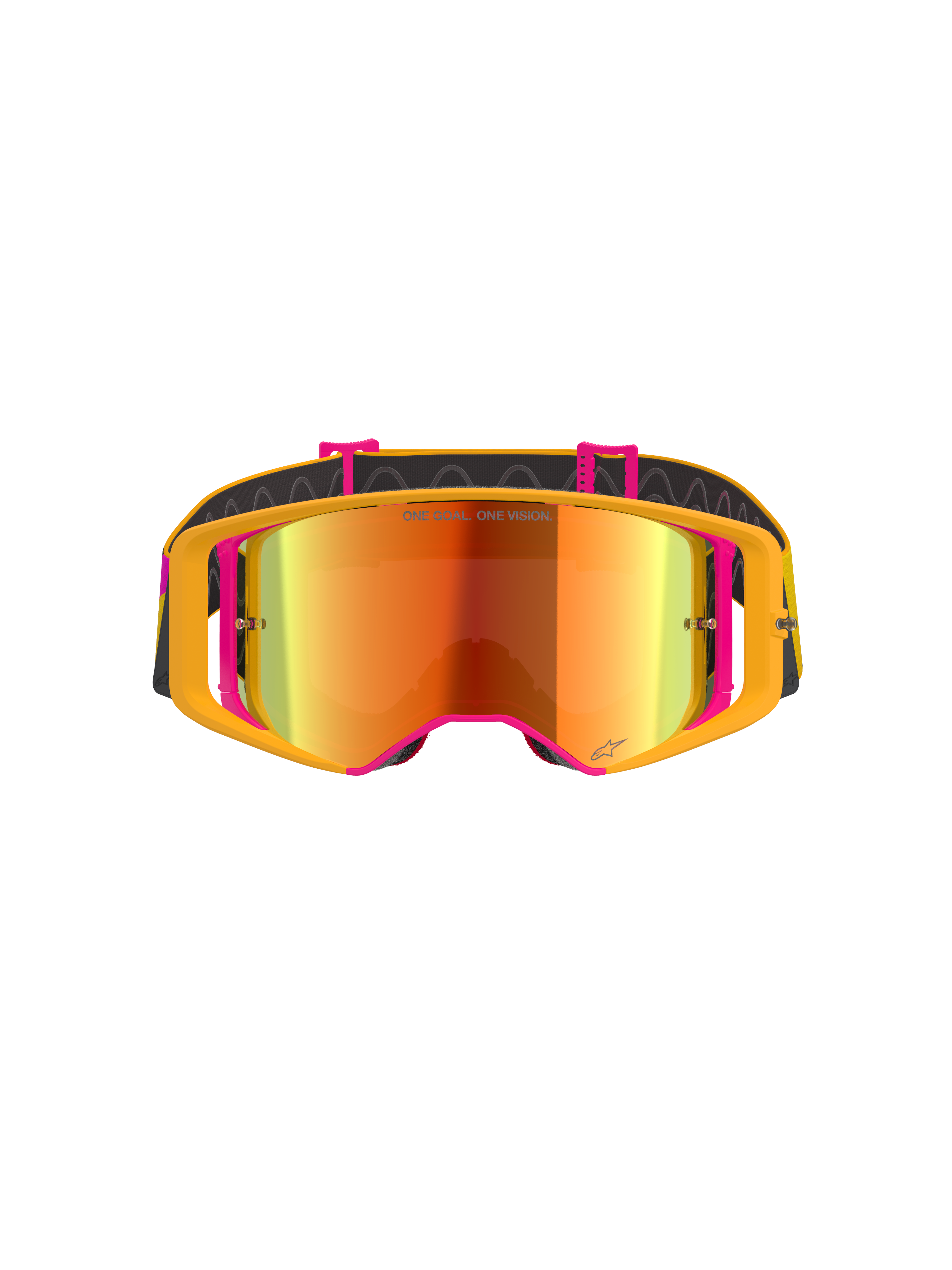 Alpinestars Supertech Corp Absolute Vision Brille, Motocross-Brille, gelber und pinker Rahmen mit rot verspiegelter Scheibe, Vorderansicht, mit „ONE GOAL. ONE VISION.“-Schriftzug auf dem Glas, verstellbares schwarzes Band mit Silikon-Haftung