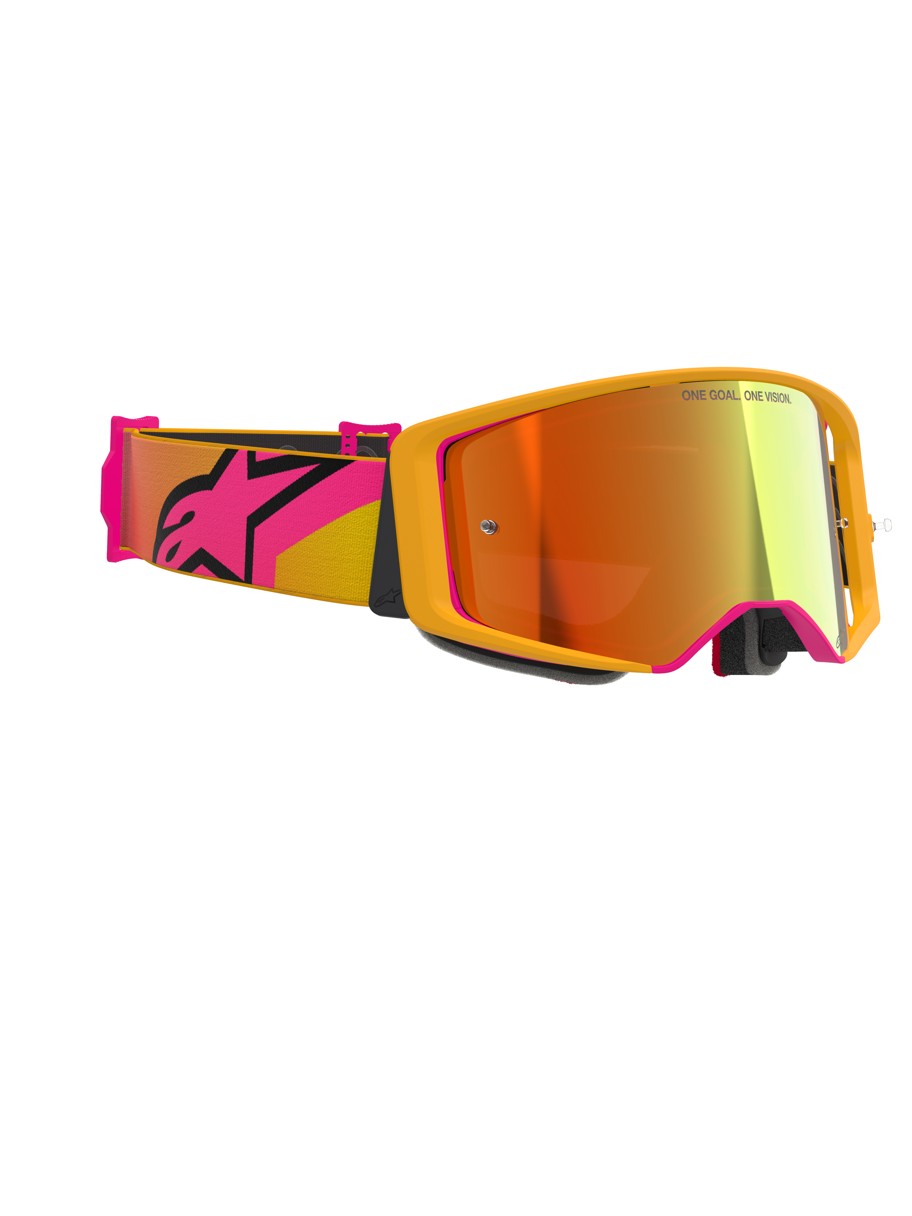 Alpinestars Supertech Corp Goggles Absolute Vision, Motocross-Brille, Gelb mit pinkfarbenen Akzenten und rot verspiegeltem Glas, mit einem breiten pink-gelben Band und großem Alpinestars-Logo, Aufdruck „ONE GOAL. ONE VISION.“ auf dem Glas, Hochleistungs-Rennbrille für den Offroad-Einsatz