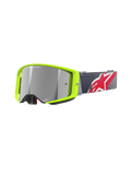 Alpinestars Supertech Corp Goggles Absolute Vision, motorcrossbril, felgeel fluo frame met zilveren spiegelende lens, grijze band met een groot rood-wit sterlogo, voorzien van 'ONE GOAL. ONE VISION.' opdruk op de lens, duurzaam ontwerp voor off-road racen