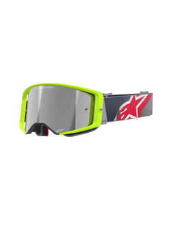 Alpinestars Supertech Corp Goggles Absolute Vision, Motocross MX Goggles, Bright Yellow Fluo frame with Silver mirror lens, Grey strap with a large Red and White star logo, featuring 'ONE GOAL. ONE VISION.' branding on the lens, durable design for off-road racing