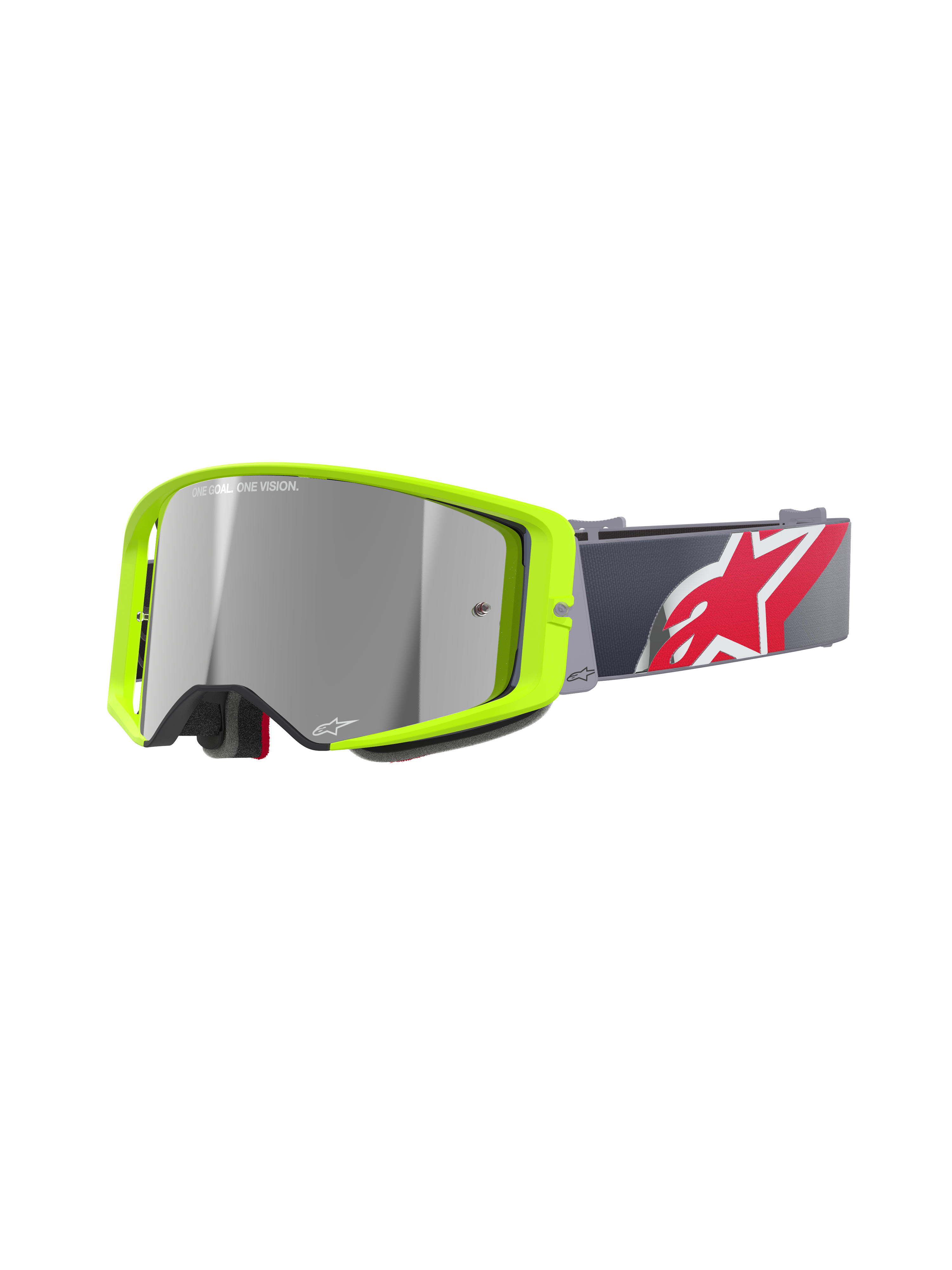 Alpinestars Supertech Corp Goggles Absolute Vision, Motocross MX Goggles, Bright Yellow Fluo frame with Silver mirror lens, Grey strap with a large Red and White star logo, featuring 'ONE GOAL. ONE VISION.' branding on the lens, durable design for off-road racing
