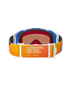 Alpinestars Supertech Corp Goggles Absolute Vision, achteraanzicht met een oranje en geel verlopende band met witte 'ALPINESTARS ONE GOAL. ONE VISION.' branding, blauwe en witte frame-onderdelen, zwart meerlaags gezichtsschuim en warm getinte lens