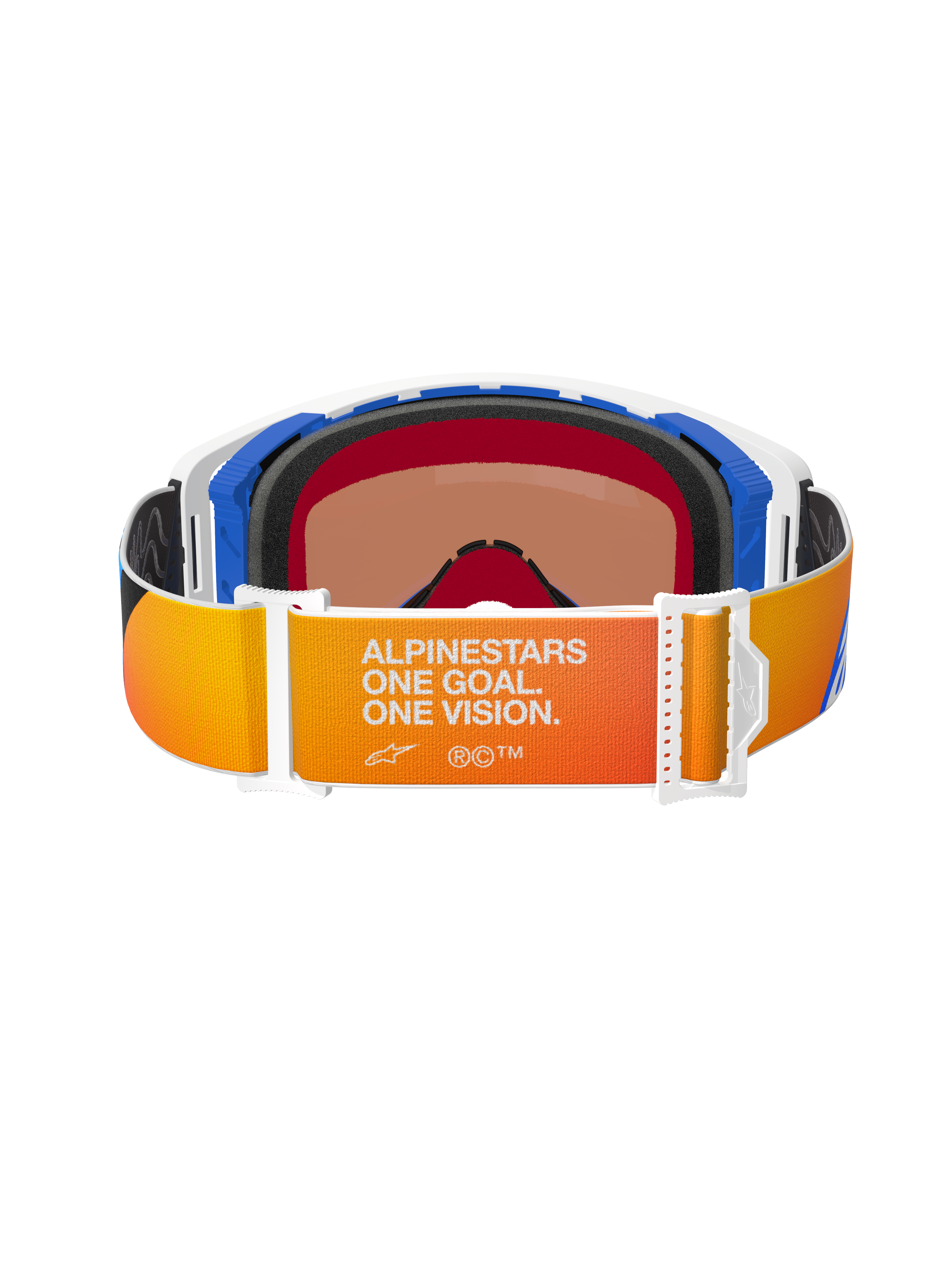 Alpinestars Supertech Corp Goggles Absolute Vision, achteraanzicht met een oranje en geel verlopende band met witte 'ALPINESTARS ONE GOAL. ONE VISION.' branding, blauwe en witte frame-onderdelen, zwart meerlaags gezichtsschuim en warm getinte lens