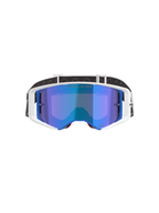 Alpinestars Supertech Corp Absolute Vision motorcrossbril, wit en blauw frame met blauwe spiegelende lens, voorzien van 'ONE GOAL. ONE VISION.' tekst op de lens, zwart-witte verstelbare band, hoogwaardige bril voor off-road racing