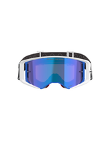 Alpinestars Supertech Corp Absolute Vision motorcrossbril, wit en blauw frame met blauwe spiegelende lens, voorzien van 'ONE GOAL. ONE VISION.' tekst op de lens, zwart-witte verstelbare band, hoogwaardige bril voor off-road racing