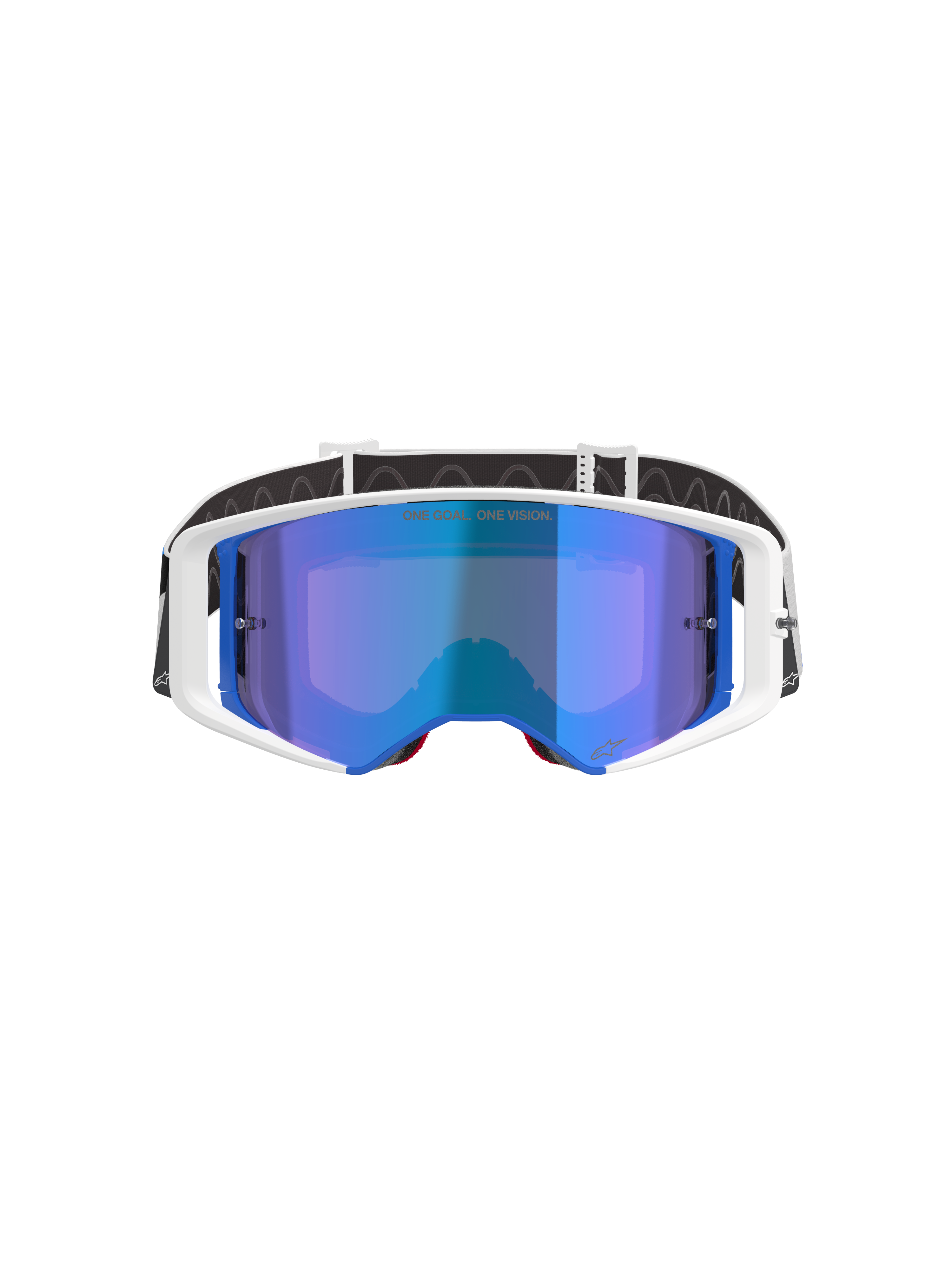 Alpinestars Supertech Corp Absolute Vision motorcrossbril, wit en blauw frame met blauwe spiegelende lens, voorzien van 'ONE GOAL. ONE VISION.' tekst op de lens, zwart-witte verstelbare band, hoogwaardige bril voor off-road racing