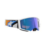 Alpinestars Supertech Corp Goggles Absolute Vision, motocrossbril, wit frame met blauwe spiegellens, verstelbare band met blauw en oranje grafisch ontwerp en Alpinestars-logo, professionele off-road racebril