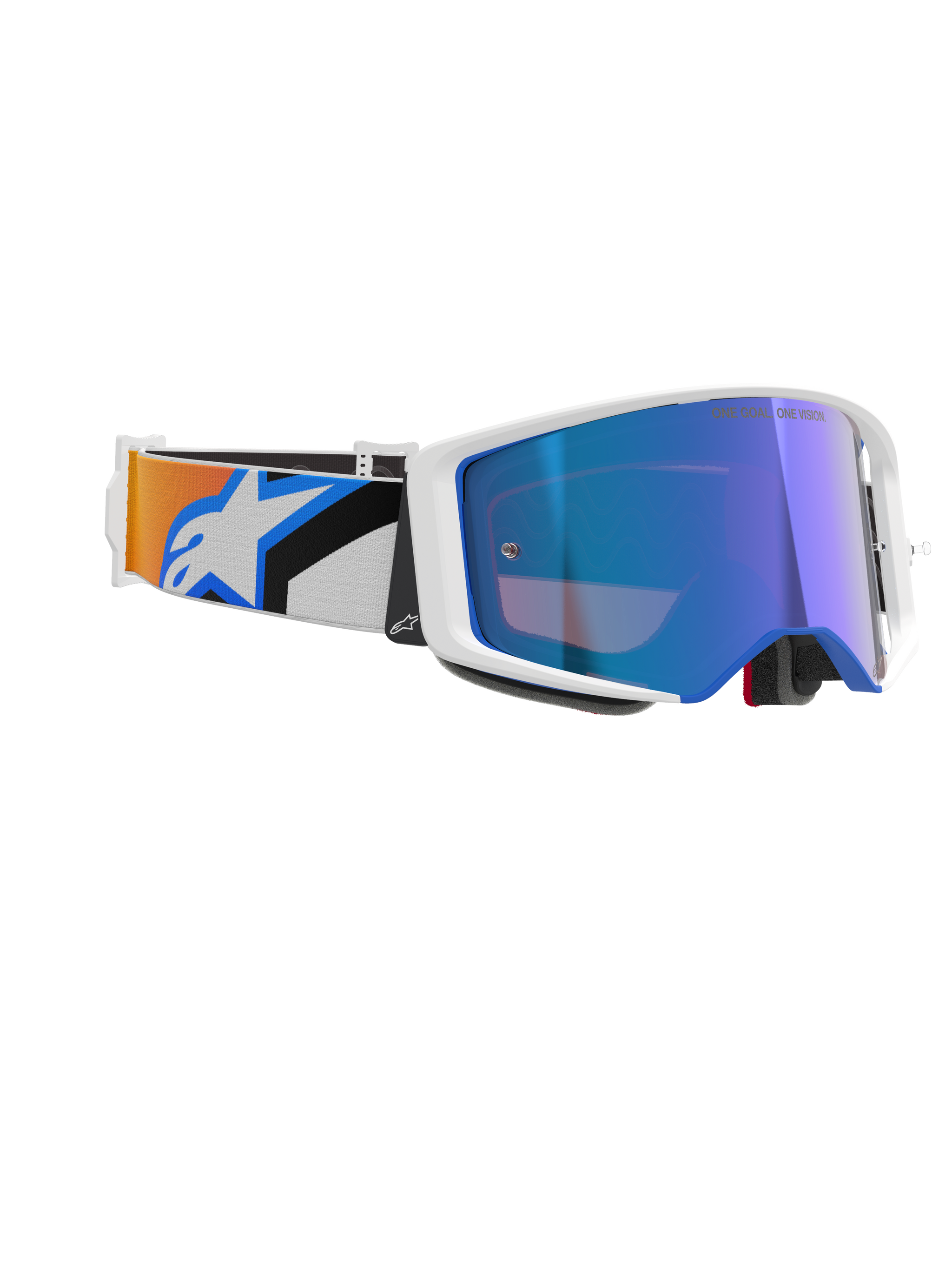 Alpinestars Supertech Corp Goggles Absolute Vision, motocrossbril, wit frame met blauwe spiegellens, verstelbare band met blauw en oranje grafisch ontwerp en Alpinestars-logo, professionele off-road racebril