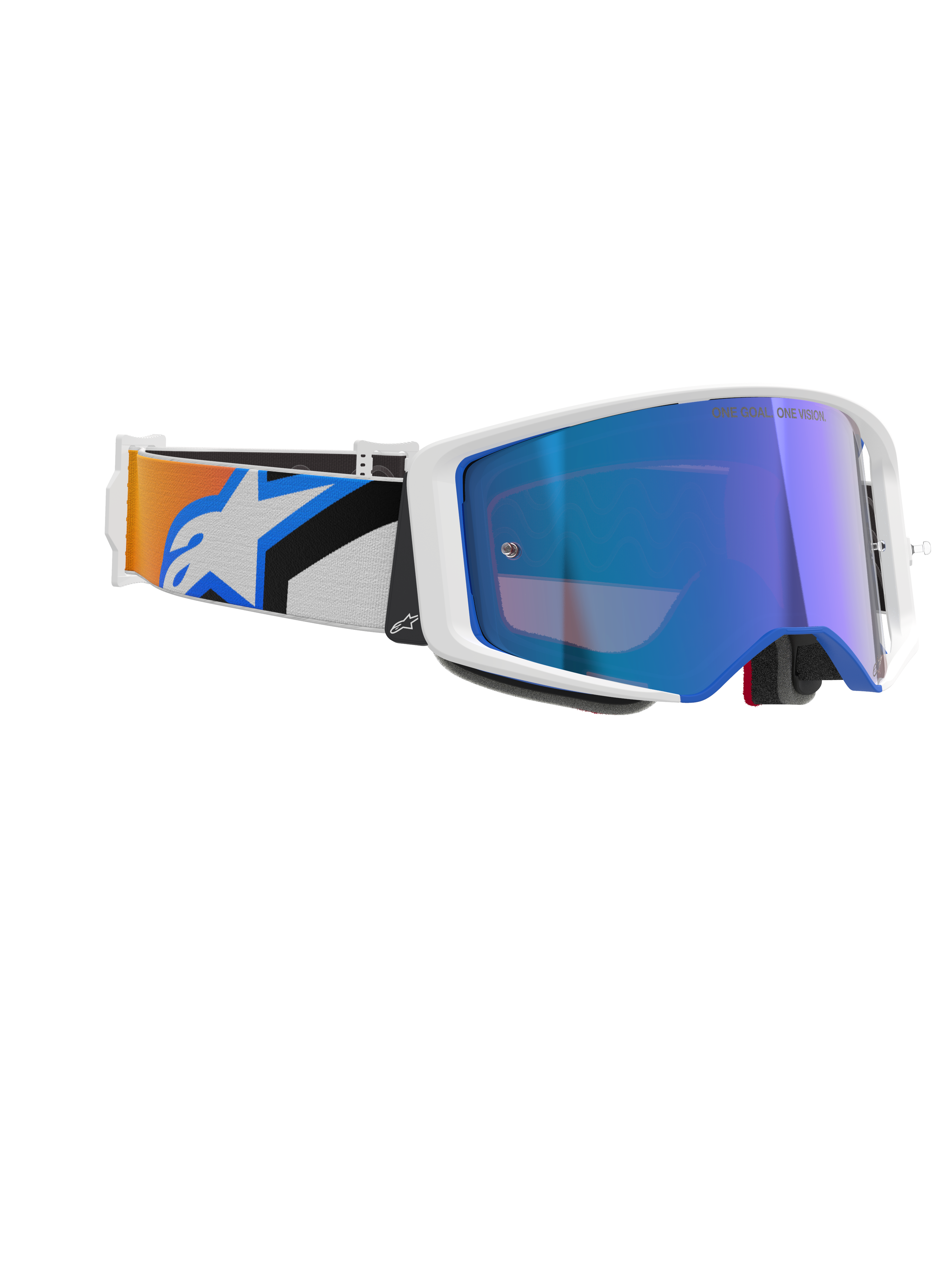 Alpinestars Supertech Corp Goggles Absolute Vision, motocrossbril, wit frame met blauwe spiegellens, verstelbare band met blauw en oranje grafisch ontwerp en Alpinestars-logo, professionele off-road racebril