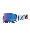 Alpinestars Supertech Corp Goggles Absolute Vision, motorcrossbril, blauw en oranje met Mirror Blue lens, wit en blauw frame, brede witte band met een opvallend blauw sterlogo en oranje accenten, hoogwaardige off-road oogbescherming