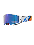 Alpinestars Supertech Corp Goggles Absolute Vision, motorcrossbril, blauw en oranje met Mirror Blue lens, wit en blauw frame, brede witte band met een opvallend blauw sterlogo en oranje accenten, hoogwaardige off-road oogbescherming