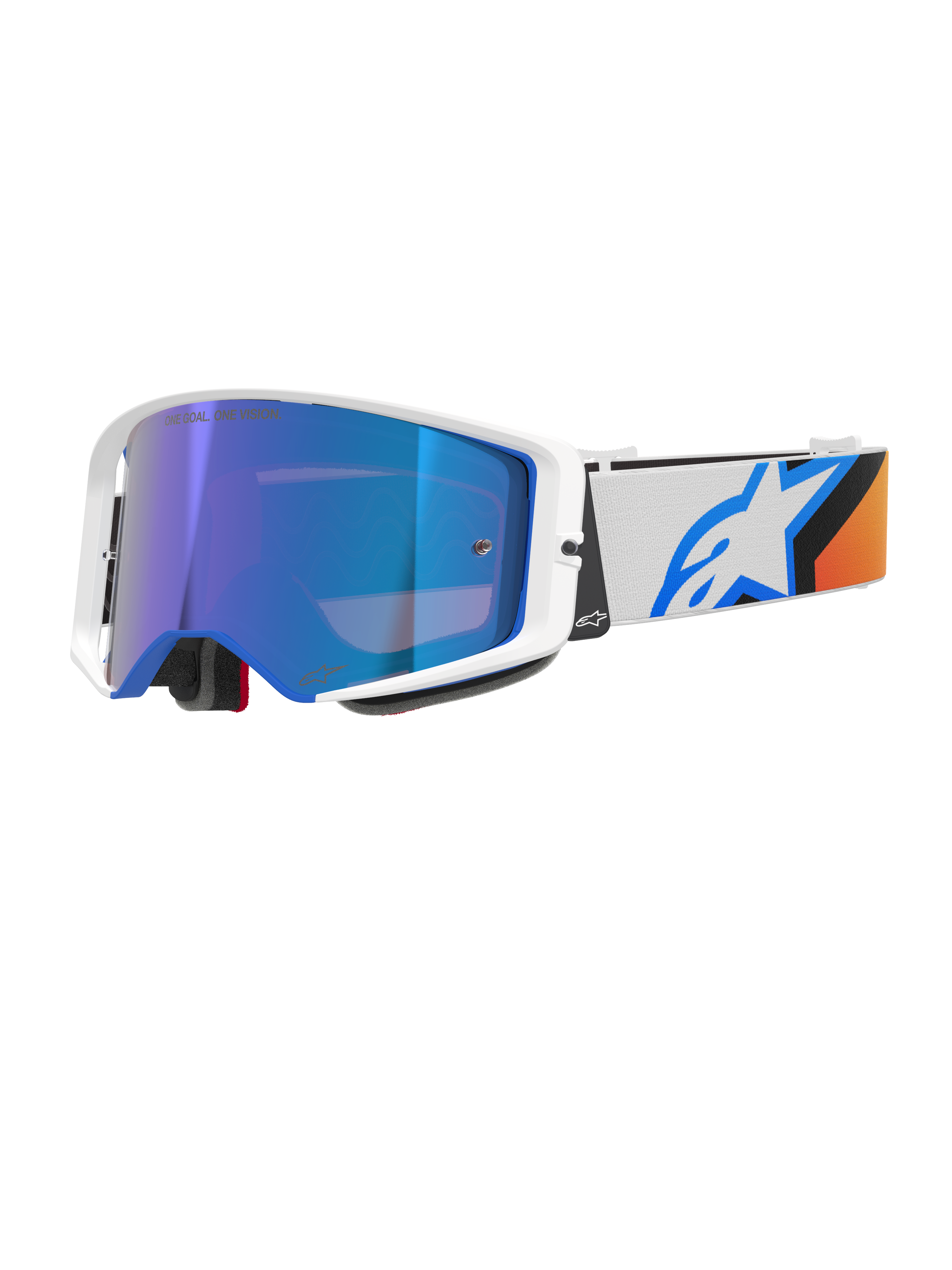 Alpinestars Supertech Corp Goggles Absolute Vision, motorcrossbril, blauw en oranje met Mirror Blue lens, wit en blauw frame, brede witte band met een opvallend blauw sterlogo en oranje accenten, hoogwaardige off-road oogbescherming