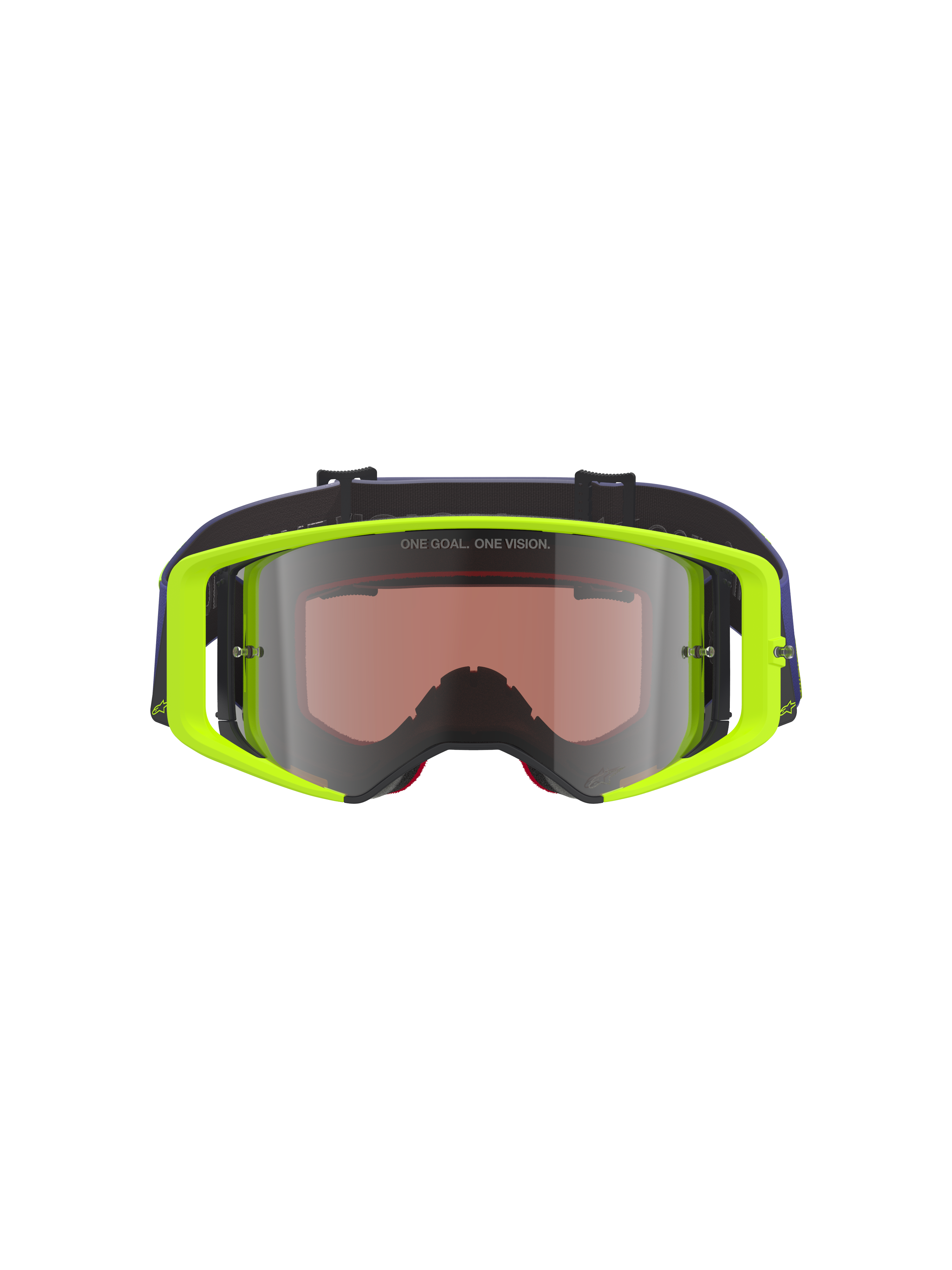 Alpinestars Supertech Vision Corp Brille, Motocross-Brille, neongelber Rahmen mit violettem Band, silber verspiegelte Gläser mit 'ONE GOAL. ONE VISION.' Text, hochleistungsfähiger Augenschutz für den Offroad-Rennsport