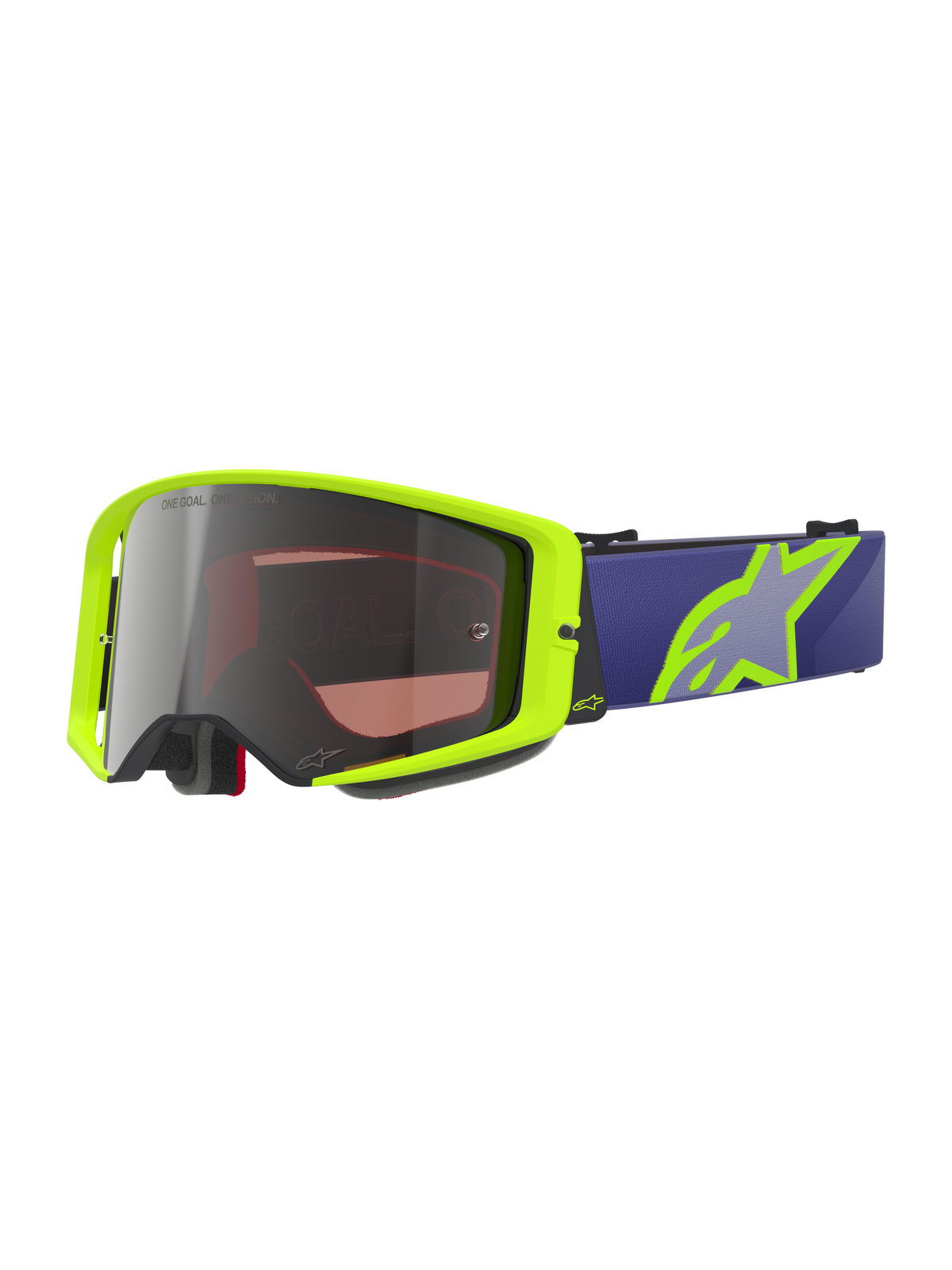 Alpinestars Supertech Vision Corp Goggles, Motocross-Offroad-Brille, Neongelb und Lila, silbern verspiegelte Linse mit One Goal One Vision Schriftzug, lila Brillenband mit großem neongelben Stern-Logo, schwarze Schaumstoffpolsterung, stoßfestes gewölbtes Linsendesign