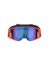 Alpinestars Supertech Vision Corp motorcrossbril, Hot Coral frame met Mirror Blue getinte lens, paars en oranje kleurverloop band, voorzien van de tekst 'ONE GOAL. ONE VISION.', hoogwaardige oogbescherming voor off-road racen