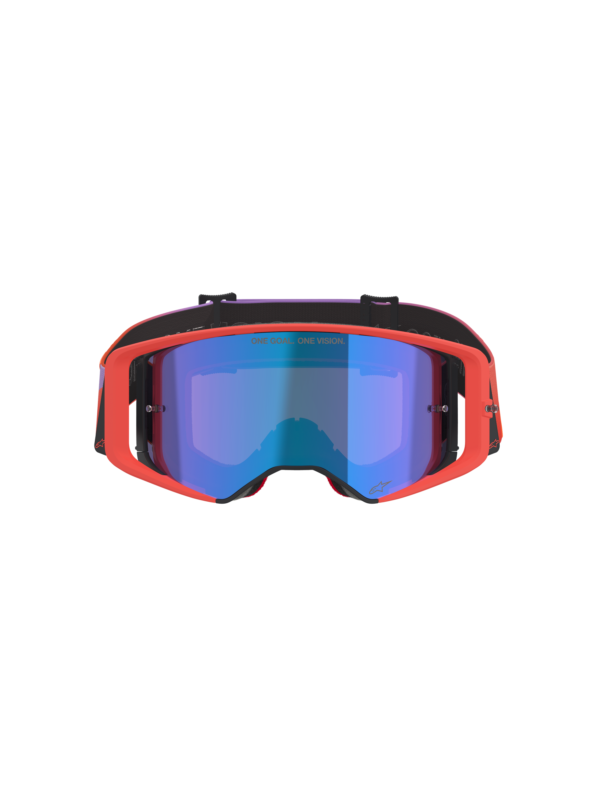 Alpinestars Supertech Vision Corp motorcrossbril, Hot Coral frame met Mirror Blue getinte lens, paars en oranje kleurverloop band, voorzien van de tekst 'ONE GOAL. ONE VISION.', hoogwaardige oogbescherming voor off-road racen