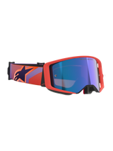 Alpinestars Supertech Vision Corp Goggles, motorcrossbril, Hot Coral frame en Mirror Blue lens, voorzien van een paars en koraalrood gedessineerde band met een donkerblauw sterlogo, kampioenschapsbewezen ontwerp voor off-road racing