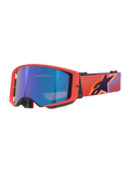 Alpinestars Supertech Vision Corp Goggles, Motocross Goggles, Hot Coral frame with Mirror Blue tinted lens, featuring a purple and orange patterned strap with the Alpinestars logo, high-performance eyewear for off-road racing