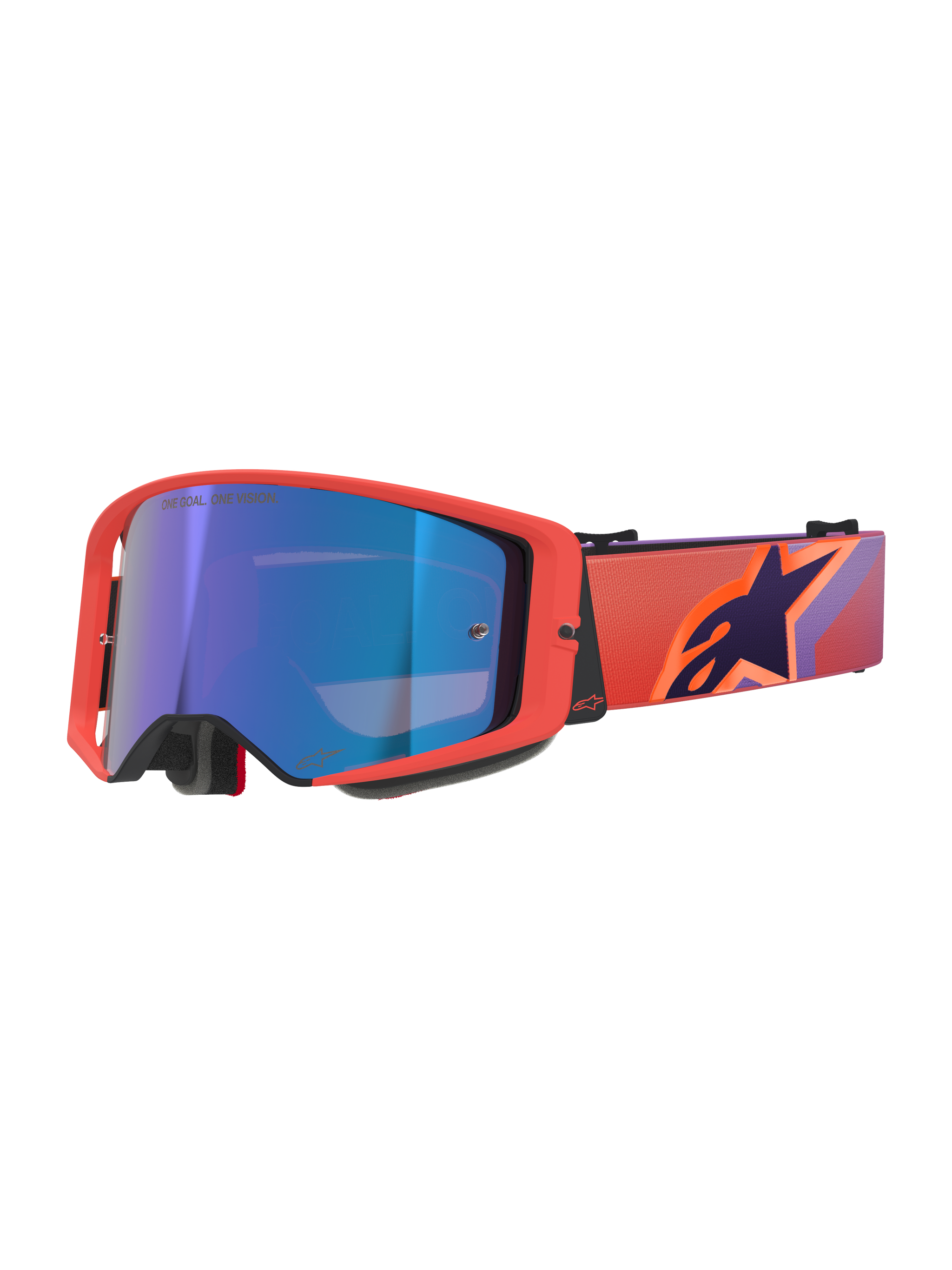 Alpinestars Supertech Vision Corp Goggles, motorcrossbril, Hot Coral montuur met Mirror Blue getinte lens, voorzien van een paars en oranje gedessineerde band met het Alpinestars-logo, hoogwaardige bril voor off-road racing