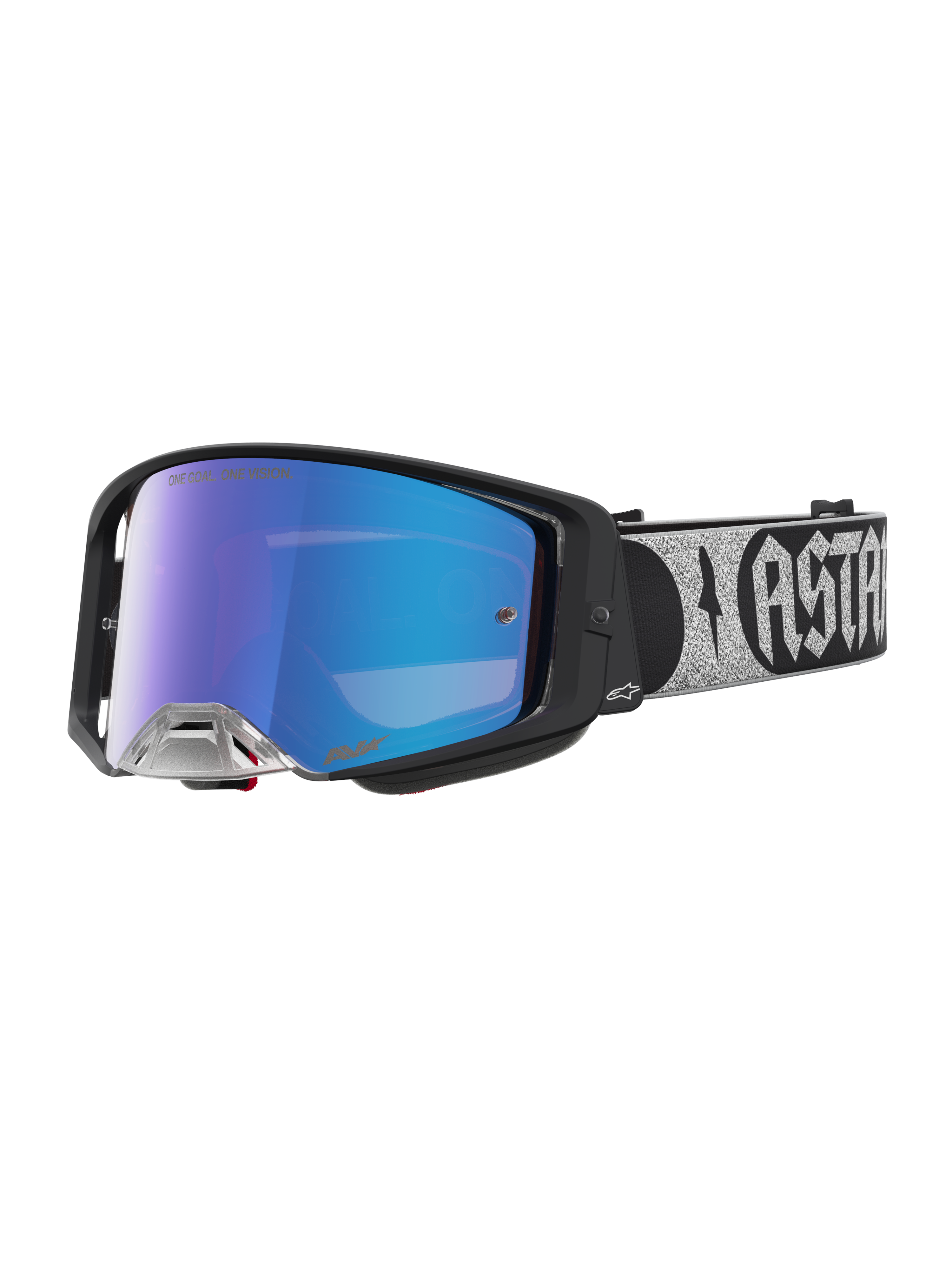 Alpinestars Masque Supertech Atrox, masque de motocross avec monture noire et écran miroir bleu pour la course tout-terrain professionnelle, sangle avec logo argenté.