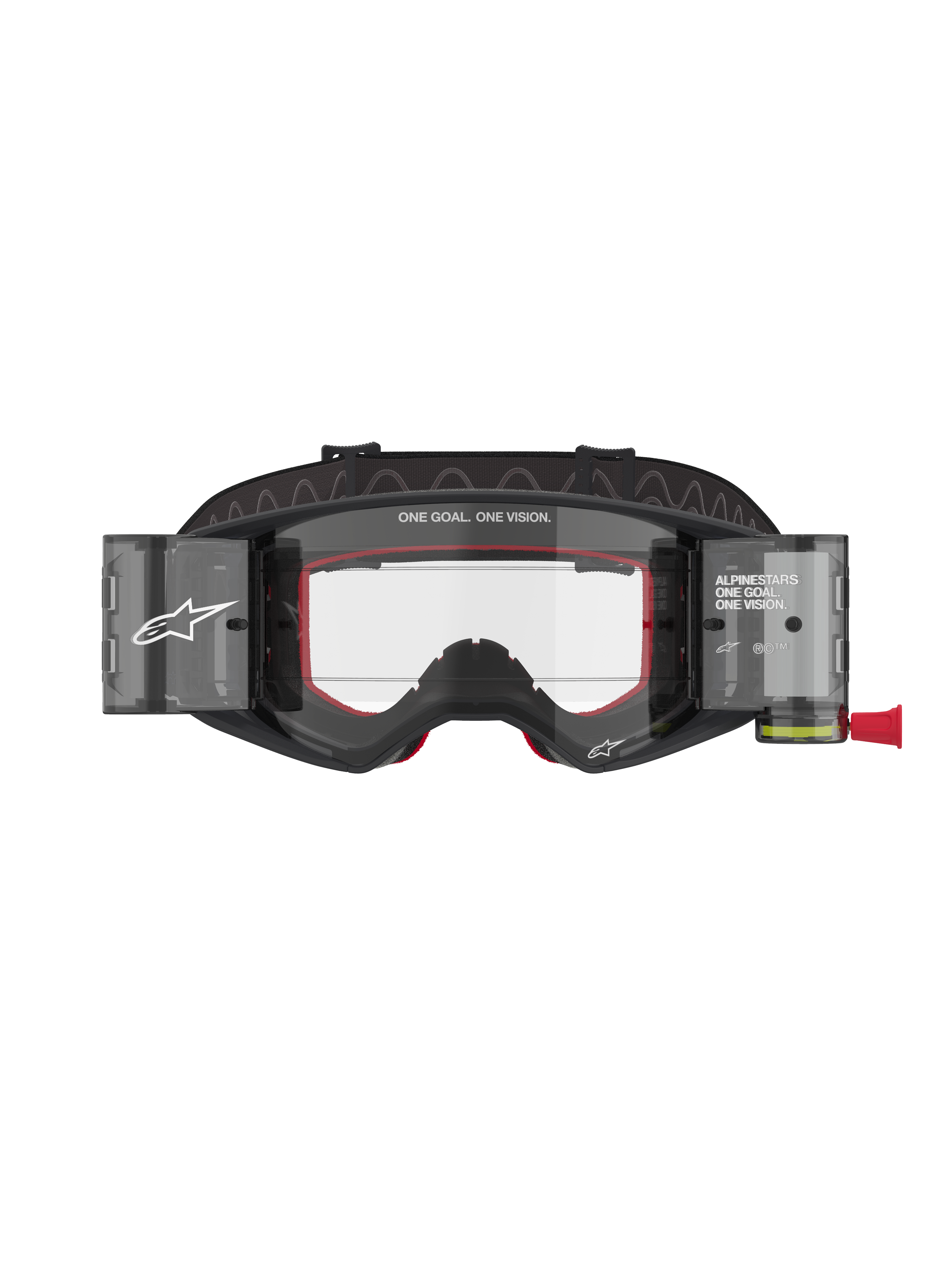 Alpinestars Masque Supertech Corp Roll-Off, lunettes de motocross et VTT, noir et gris avec mousse intérieure rouge, écran transparent doté du système Wide Vision Roll-Off, marquage « ONE GOAL. ONE VISION. », protection oculaire technique tout-terrain au design angulaire moderne