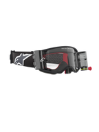 Masque Alpinestars Supertech Corp Roll-Off, noir et gris, doté d'un système Roll-Off Wide Vision avec boîtiers transparents, écran clair avec lignes de glissement en silicone et large bandeau noir avec logo Astars blanc, conçu pour le motocross professionnel et le tout-terrain.