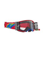 Alpinestars Supertech Corp Goggles Roll Off, Motocross Goggles, Red and Blue frame with Clear lens, integrated Wide Vision Roll-Off system with dual canisters, red adjustable strap featuring a blue and yellow star logo, professional-grade off-road racing eye protection.