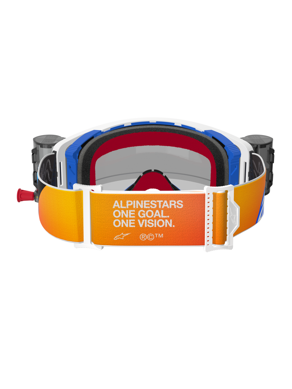 Alpinestars Supertech Corp Roll-Off-Schutzbrille, Rückansicht, orange-gelber Riemen mit Farbverlauf und weißem „Alpinestars One Goal. One Vision.“ Schriftzug, blaue und weiße Rahmenelemente, schwarzer 3D-geformter Gesichtsschaum, integrierte Roll-Off-System-Behälter an den Seiten sichtbar