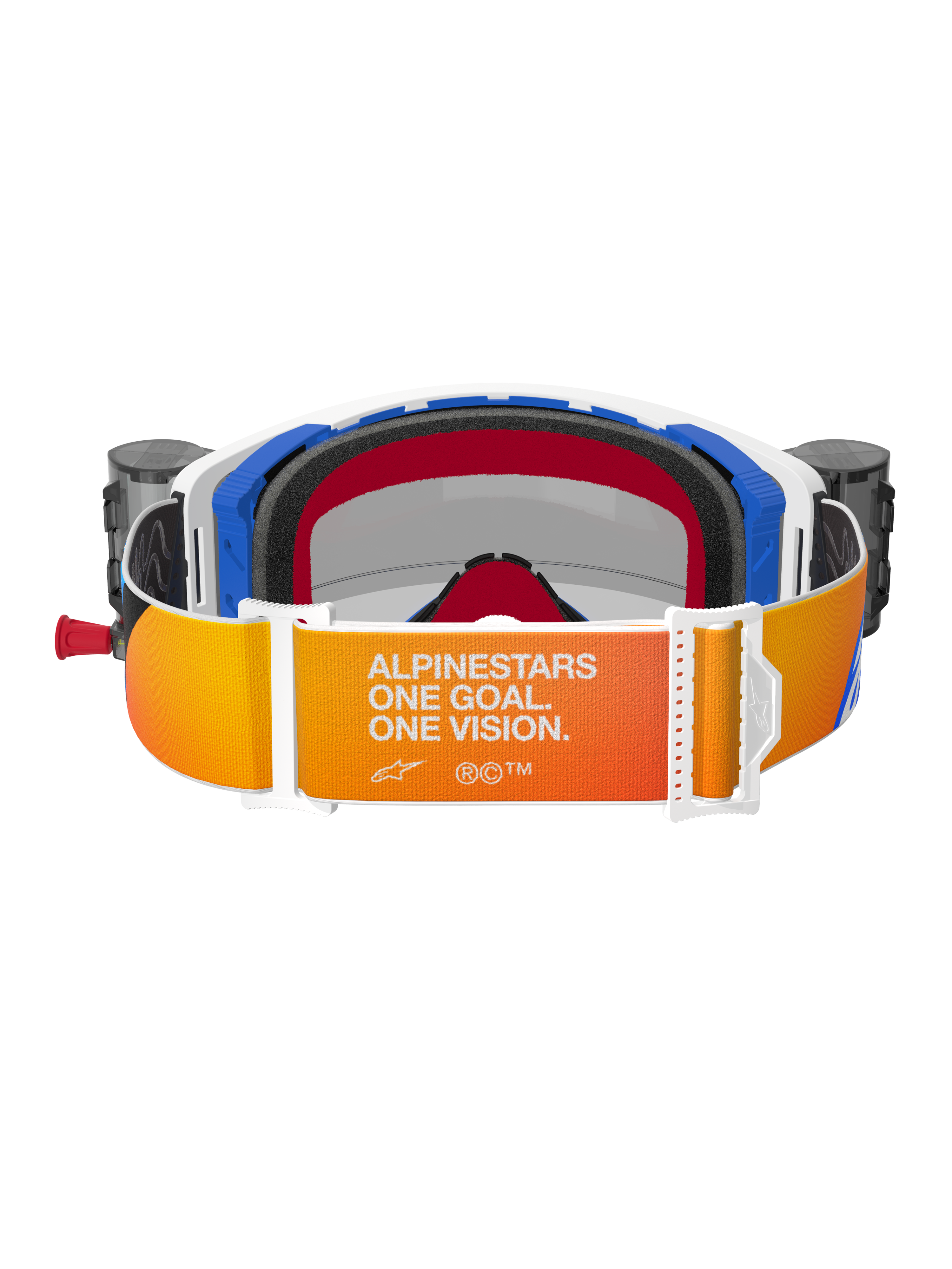 Alpinestars Supertech Corp Roll-Off-Schutzbrille, Rückansicht, orange-gelber Riemen mit Farbverlauf und weißem „Alpinestars One Goal. One Vision.“ Schriftzug, blaue und weiße Rahmenelemente, schwarzer 3D-geformter Gesichtsschaum, integrierte Roll-Off-System-Behälter an den Seiten sichtbar