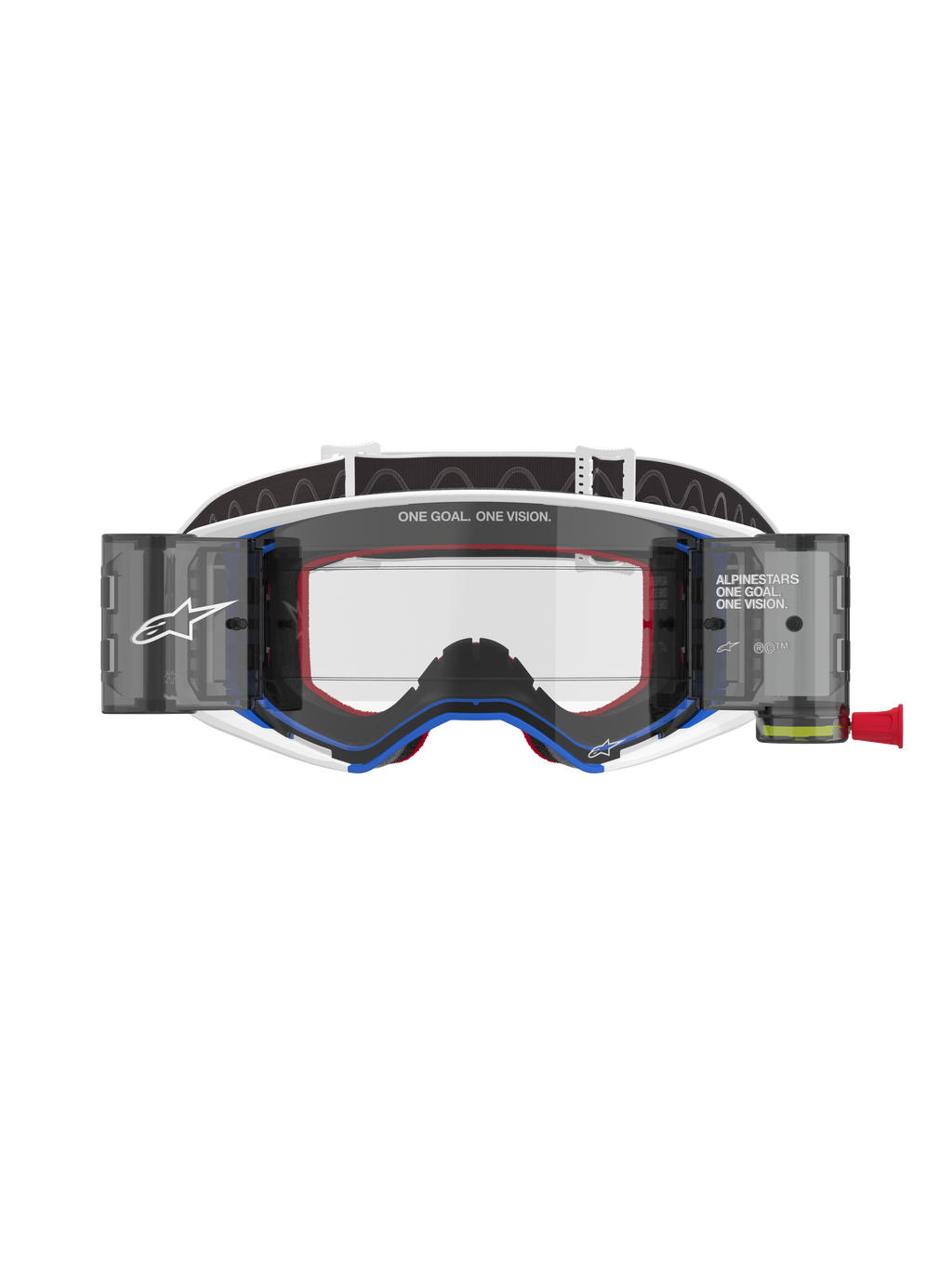 Alpinestars Supertech Corp Roll-Off Schutzbrille, Motocross-Brille, blau-weißer Rahmen mit orangen Akzenten, integriertes Wide-View Roll-Off-System mit klarem Glas, professioneller Offroad-Augenschutz mit Alpinestars-Branding und „One Goal. One Vision.“ Text